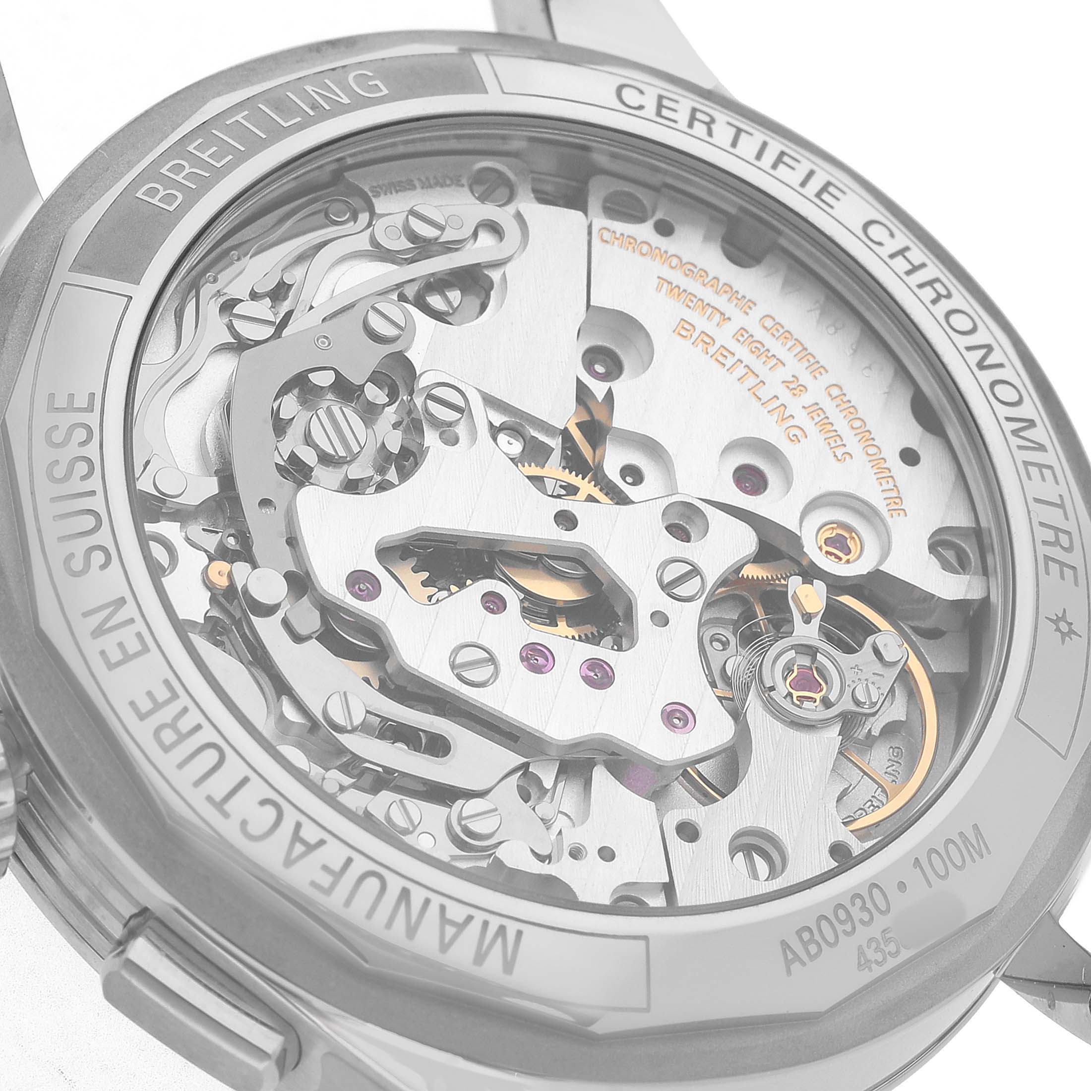 The image shows the back of a Breitling Premier AB0930 Men's Stainless Steel Silver Dial watch, highlighting the movement and inner mechanisms through a transparent case back.