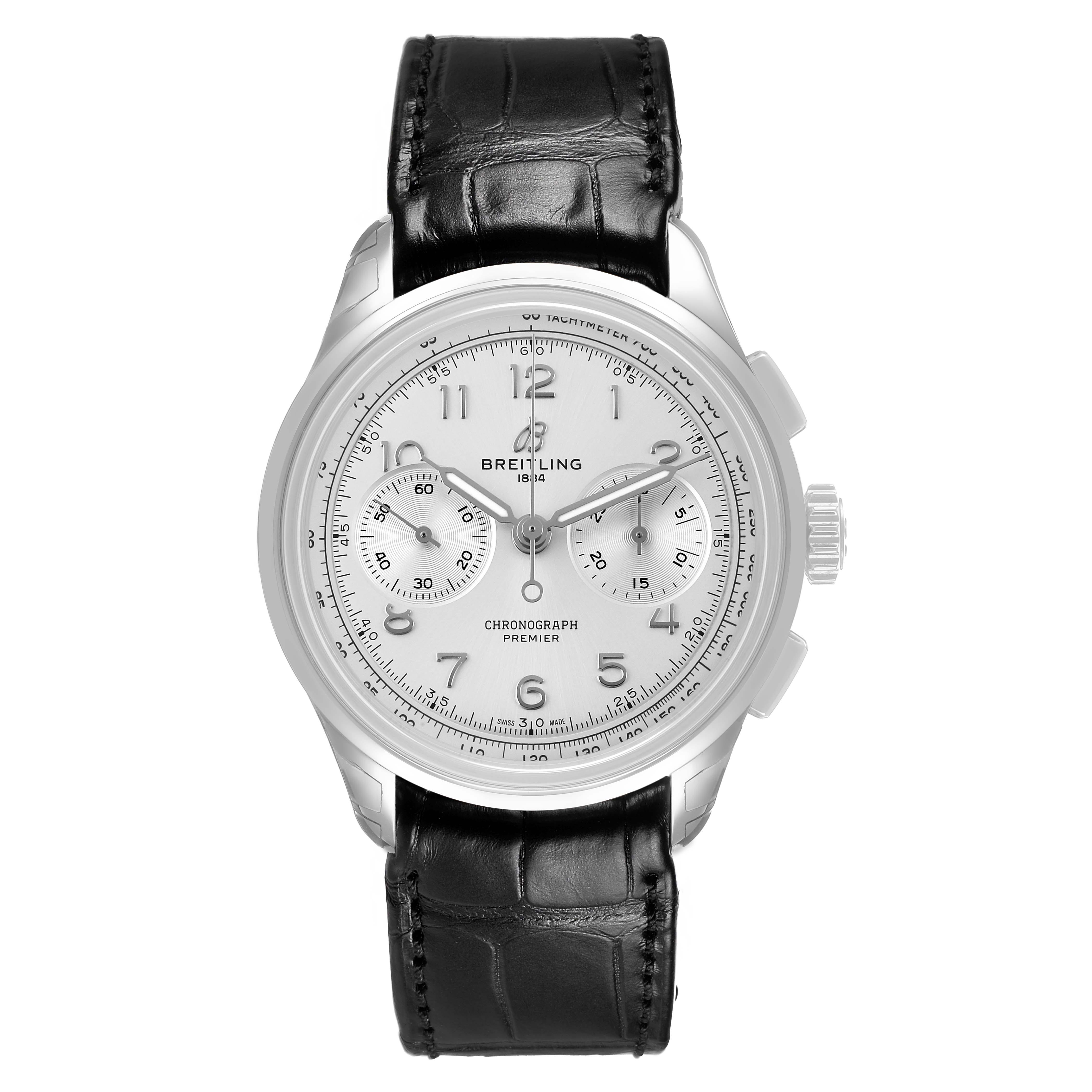 The Breitling Premier AB0930 Men's Stainless Steel Silver Dial model watch is shown from a front angle, highlighting the dial, subdials, and black leather strap.