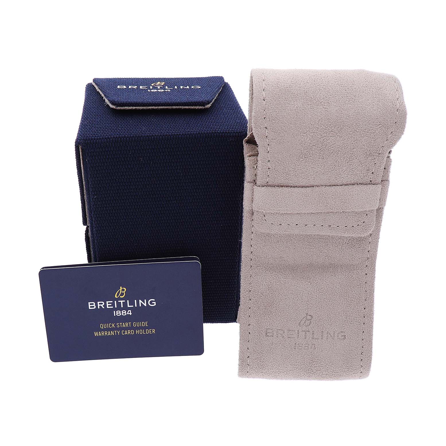 The Breitling Premier AB0930 Men's Stainless Steel Silver Dial accessories include a navy box, a beige pouch, and a warranty card guide.