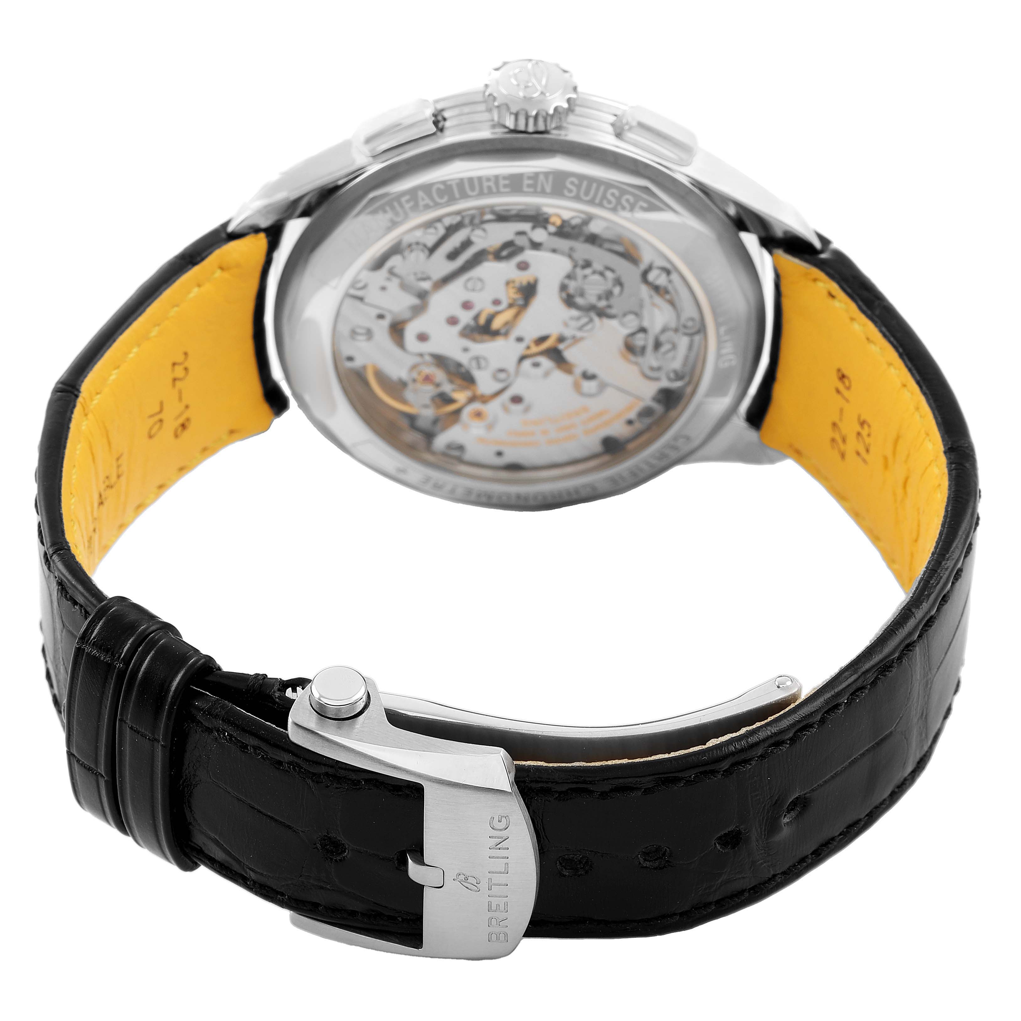 The Breitling Premier AB0930 Men's Stainless Steel Silver Dial watch is shown from the back angle, highlighting its transparent case back and clasp.