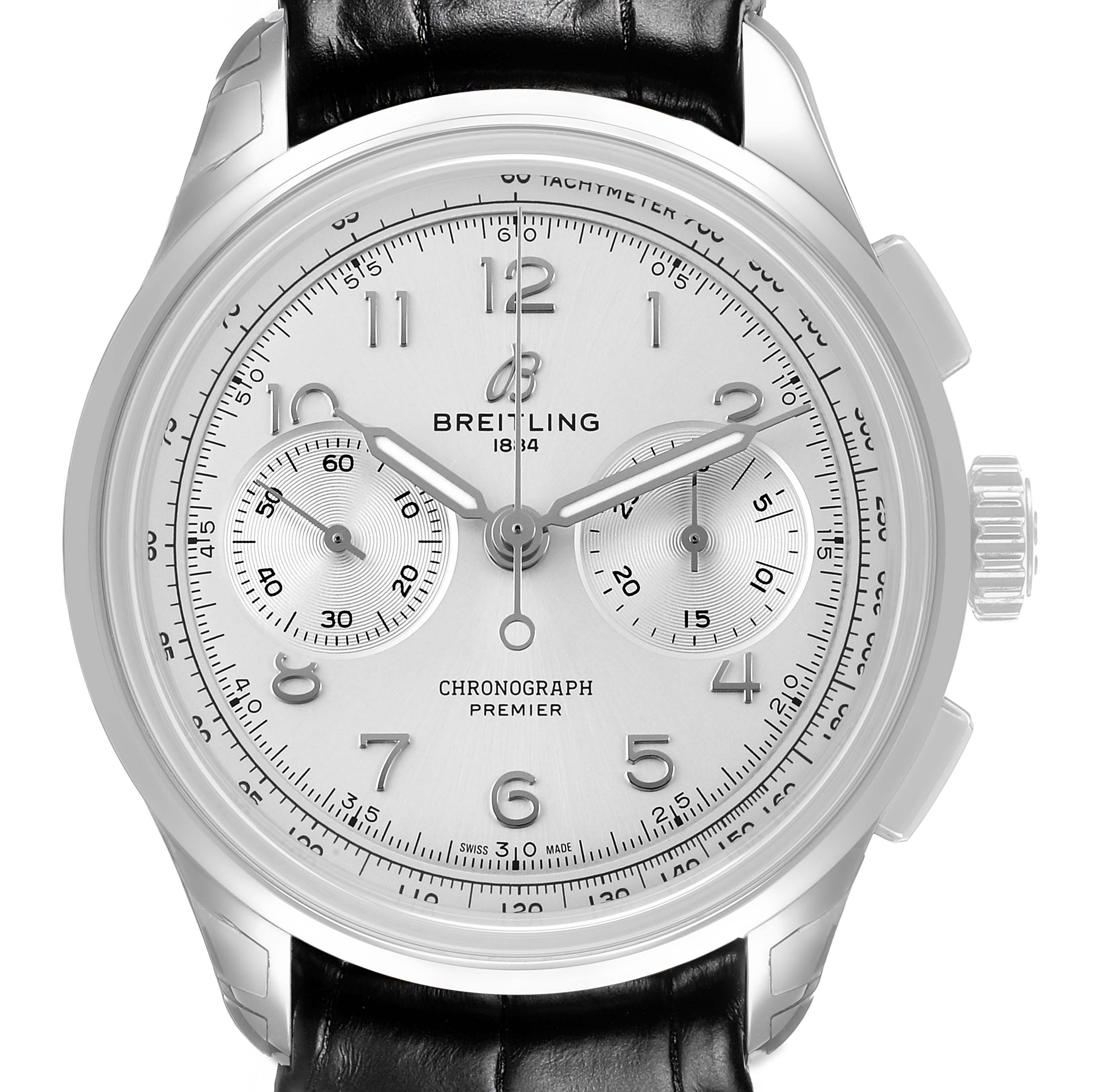 The Breitling Premier AB0930 Men's Stainless Steel Silver Dial watch is shown from the front, displaying its dial, chronograph subdials, and leather strap.