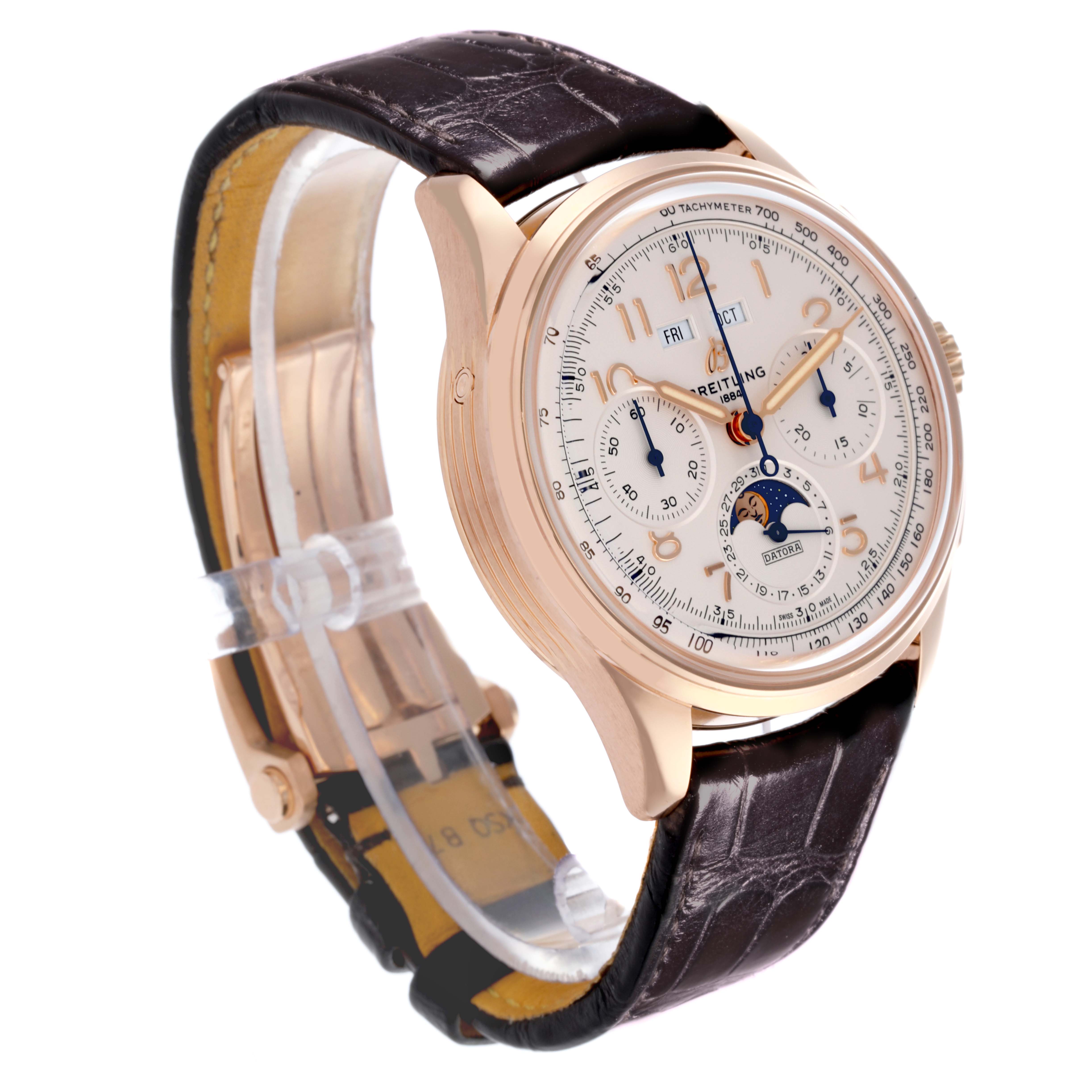 The watch is a Breitling Premier RB2510 Men's Rose Gold Silver Dial RB2510 Men's Rose Gold Silver Dial model shown at a three-quarter angle highlighting the face, case, and leather strap.