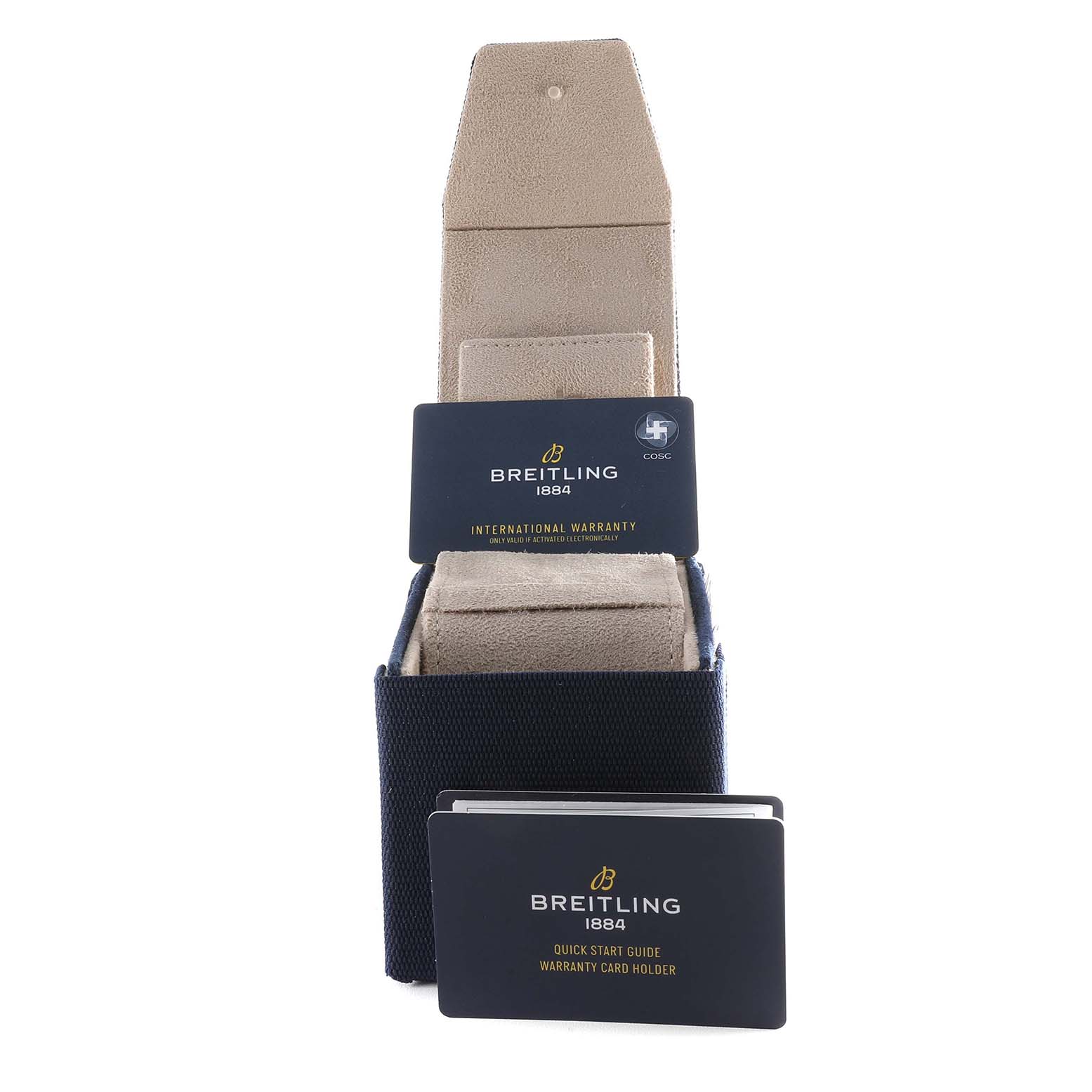 The image shows the Breitling Superocean M17368B71B1S2 Men
s Stainless Steel Black Dial M17368B71B1S2 Men
s Stainless Steel Black Dial watch packaging and accessories, including an open box, international warranty, and quick start guide.