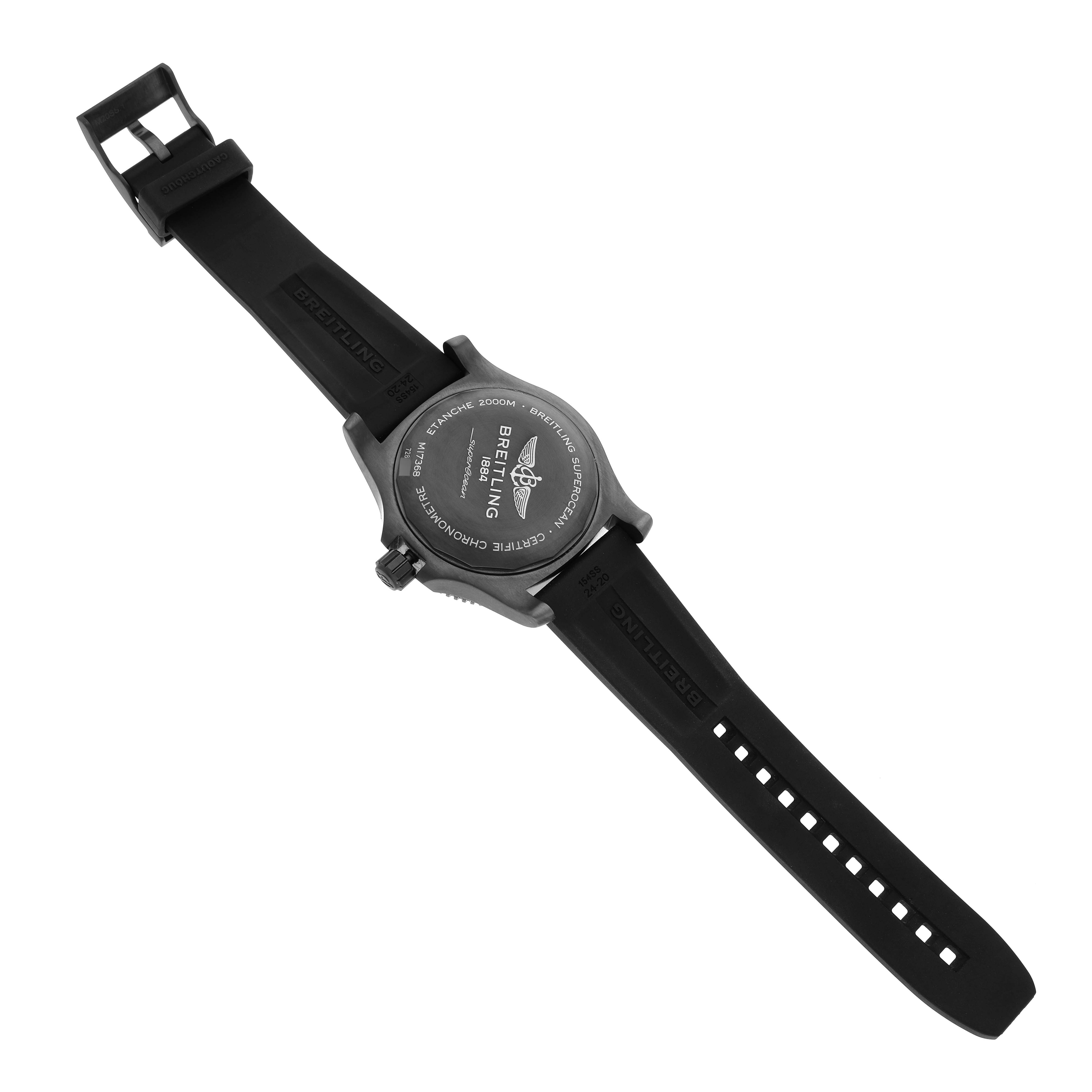 The image shows the back of a Breitling Superocean M17368B71B1S2 Men
s Stainless Steel Black Dial M17368B71B1S2 Men
s Stainless Steel Black Dial watch with its strap and buckle displayed.