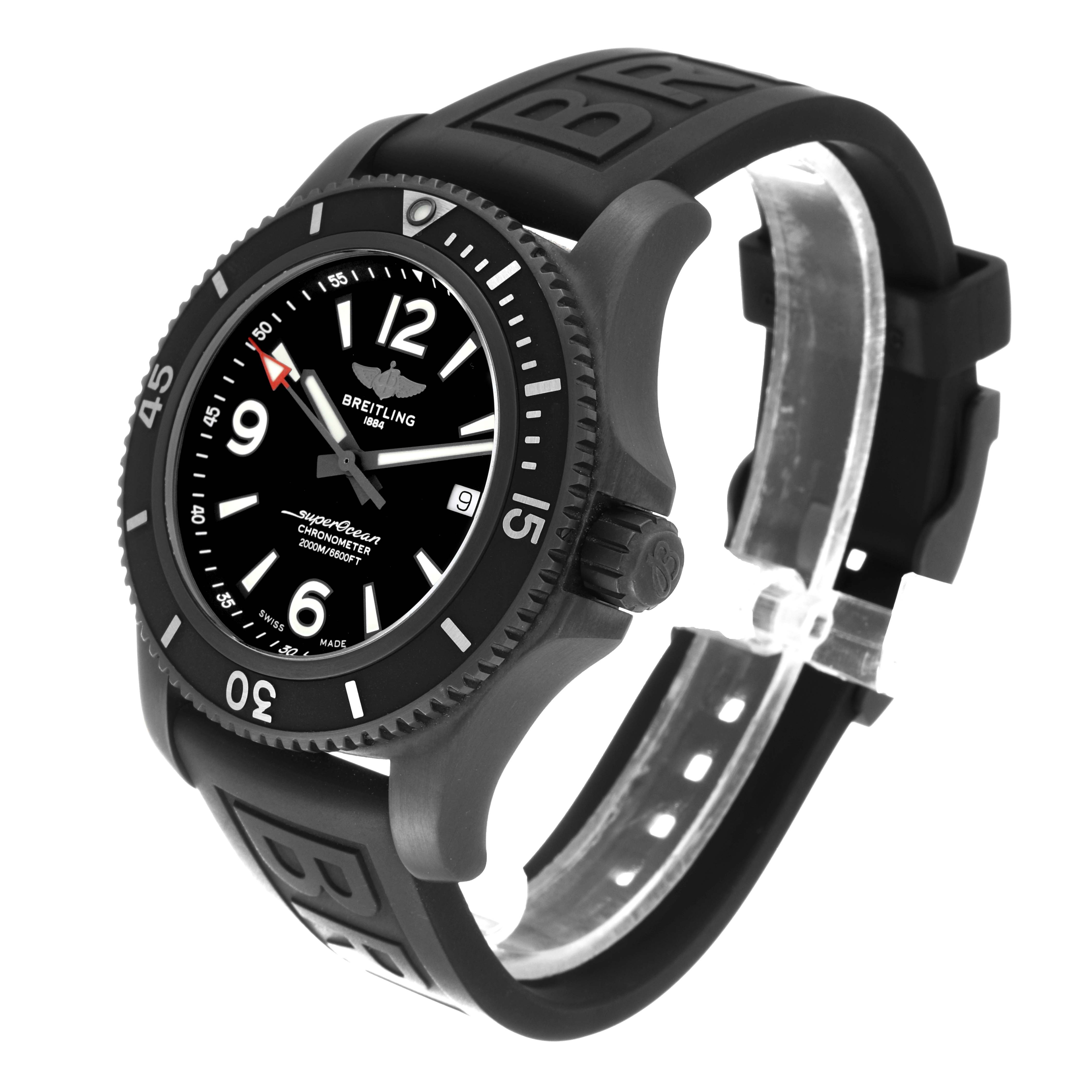 The Superocean model by Breitling is shown at a three-quarter angle, highlighting the face, bezel, and rubber strap.