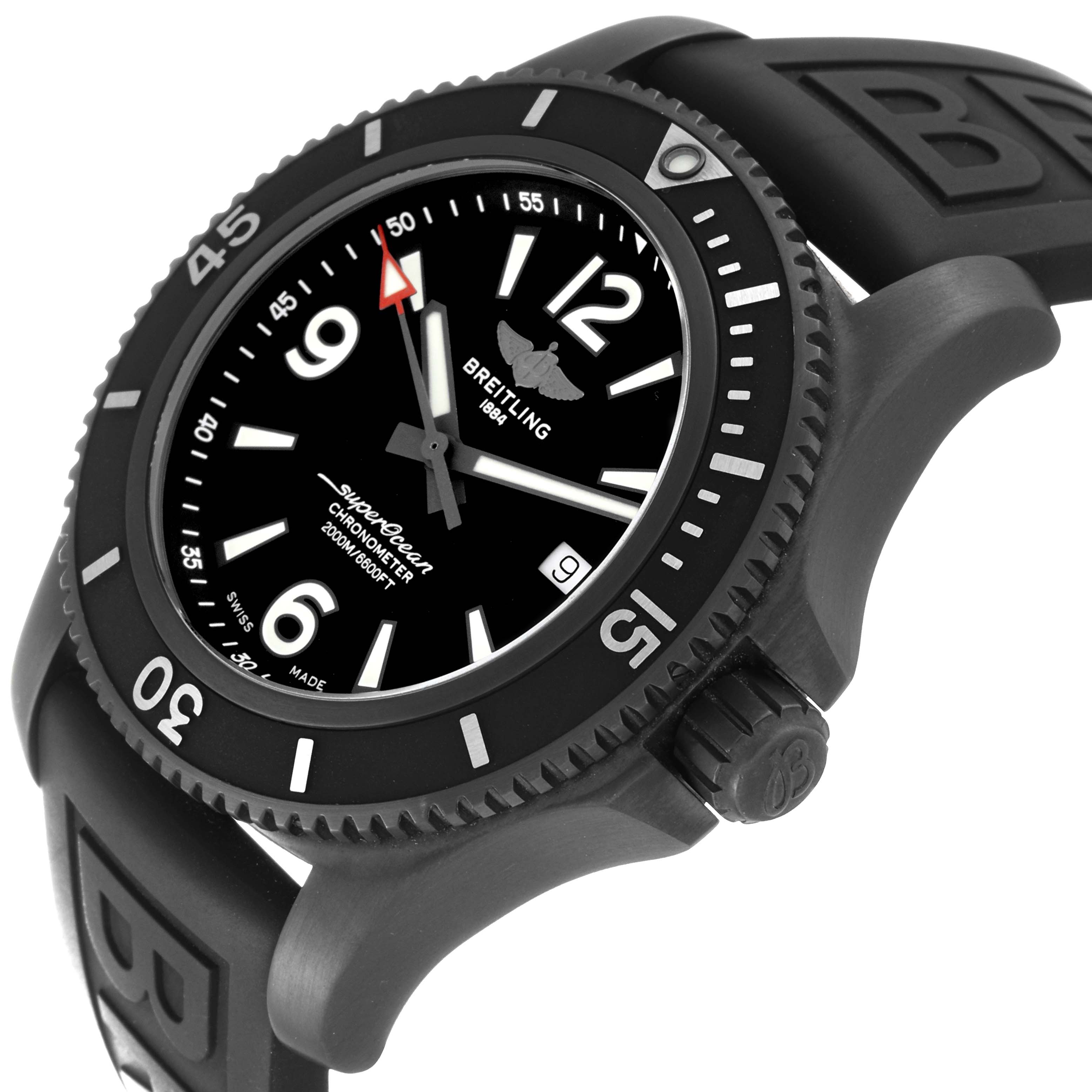 The image shows a side-angle view of a Breitling Superocean M17368B71B1S2 Men
s Stainless Steel Black Dial M17368B71B1S2 Men
s Stainless Steel Black Dial watch, highlighting the black bezel, dial, and rubber strap.