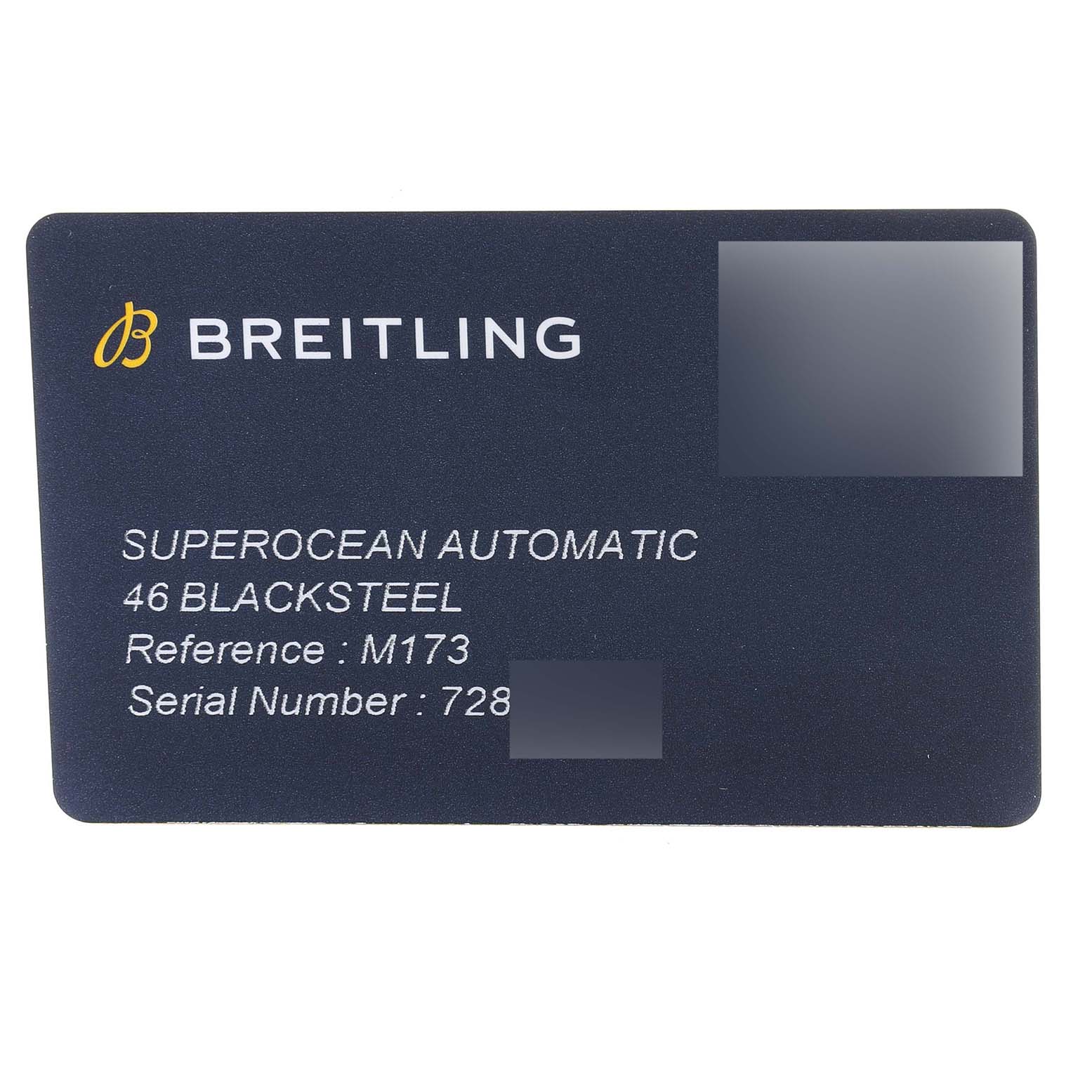 The image shows a Breitling Superocean M17368B71B1S2 Men
s Stainless Steel Black Dial M17368B71B1S2 Men
s Stainless Steel Black Dial Automatic 46 Blacksteel warranty card displaying the model, reference number, and serial number.