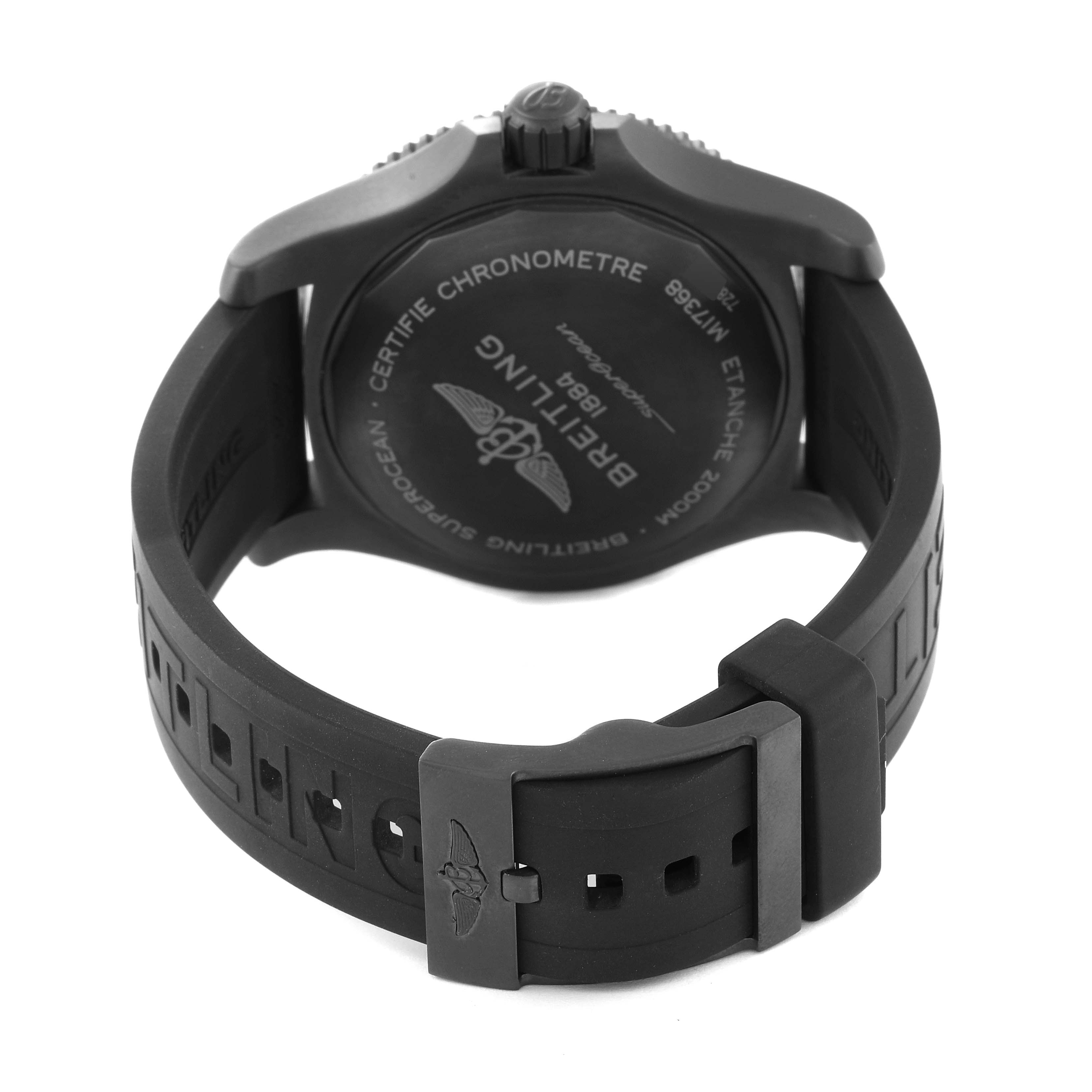 The image displays the back of a Breitling Superocean M17368B71B1S2 Men
s Stainless Steel Black Dial M17368B71B1S2 Men
s Stainless Steel Black Dial watch, focusing largely on the strap, clasp, and caseback.