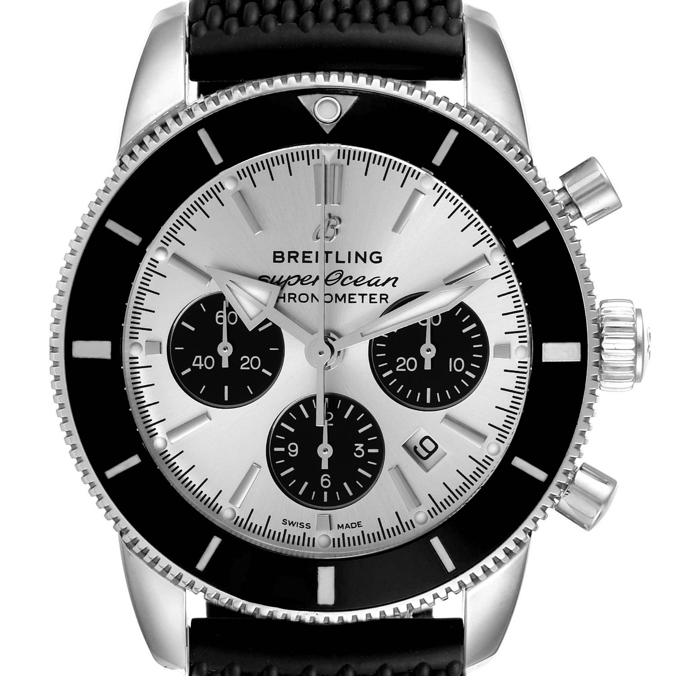 This image shows a front view of the Breitling Superocean AB0162 Men's Stainless Steel Silver Dial AB0162 Men's Stainless Steel Silver Dial watch, highlighting its dial, bezel, sub-dials, and strap.