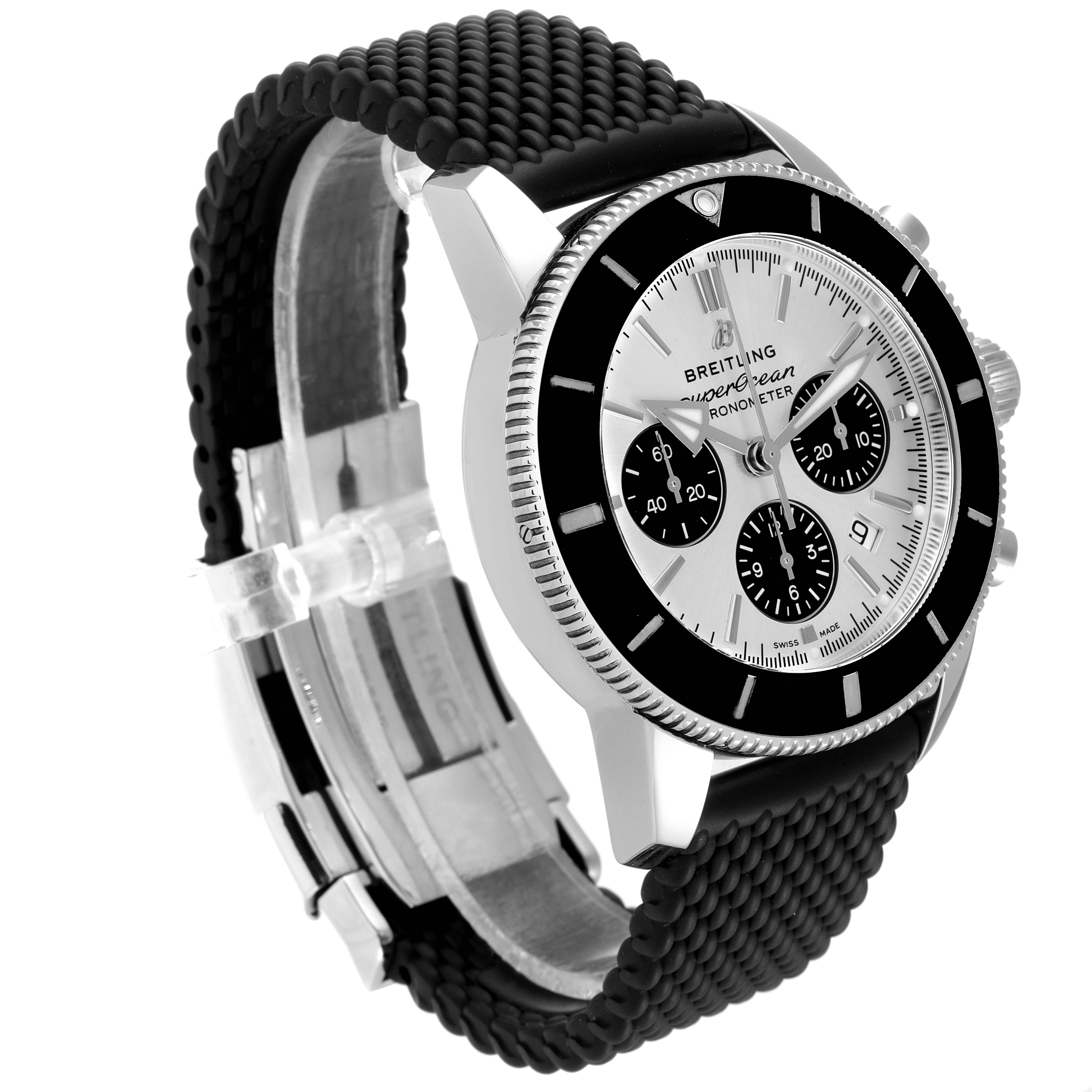 The image shows a Breitling Superocean AB0162 Men's Stainless Steel Silver Dial AB0162 Men's Stainless Steel Silver Dial watch from an oblique angle, highlighting the dial, bezel, pushers, crown, and strap.
