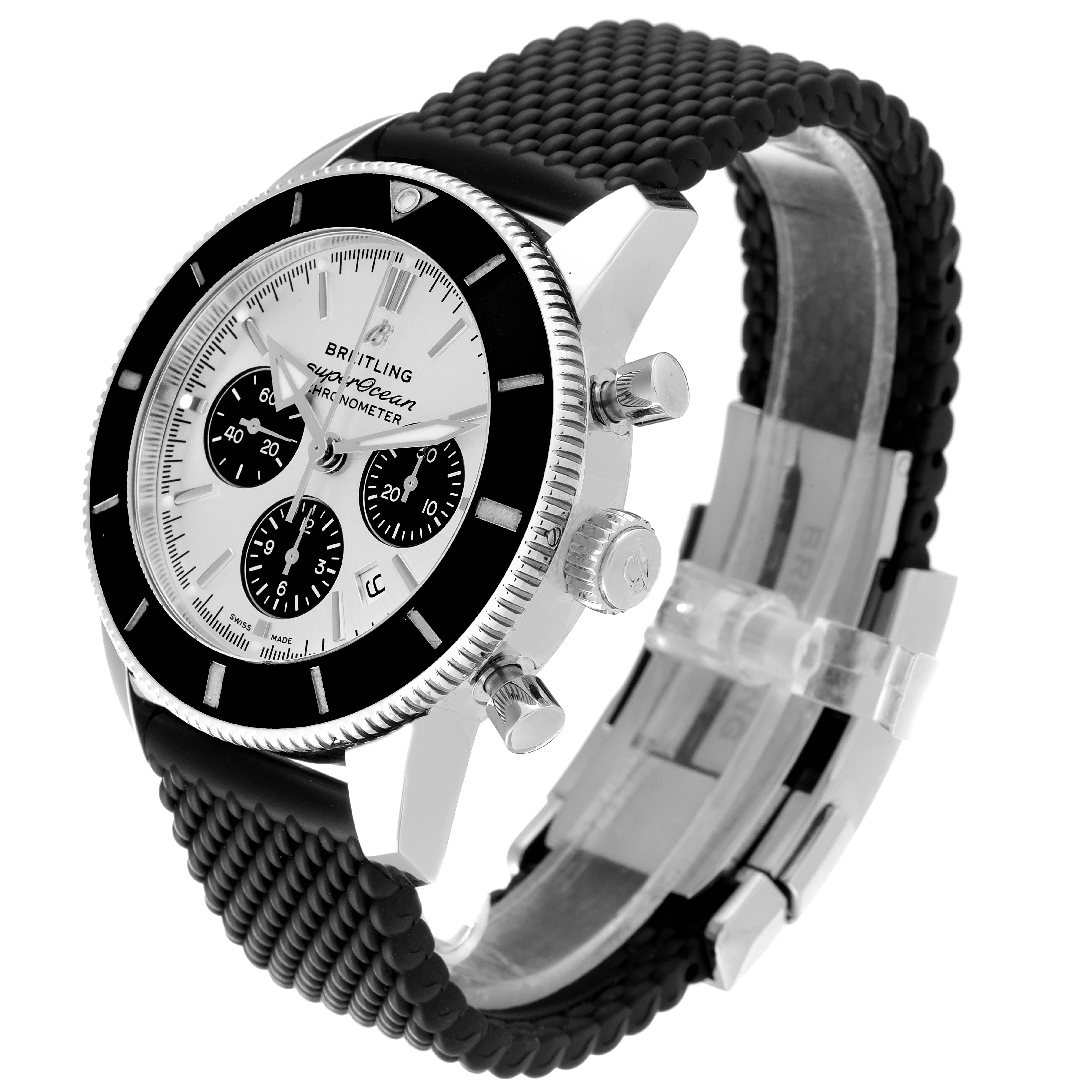 The image shows a Breitling Superocean AB0162 Men's Stainless Steel Silver Dial AB0162 Men's Stainless Steel Silver Dial watch from an angled side view, highlighting the dial, bezel, pushers, and band.