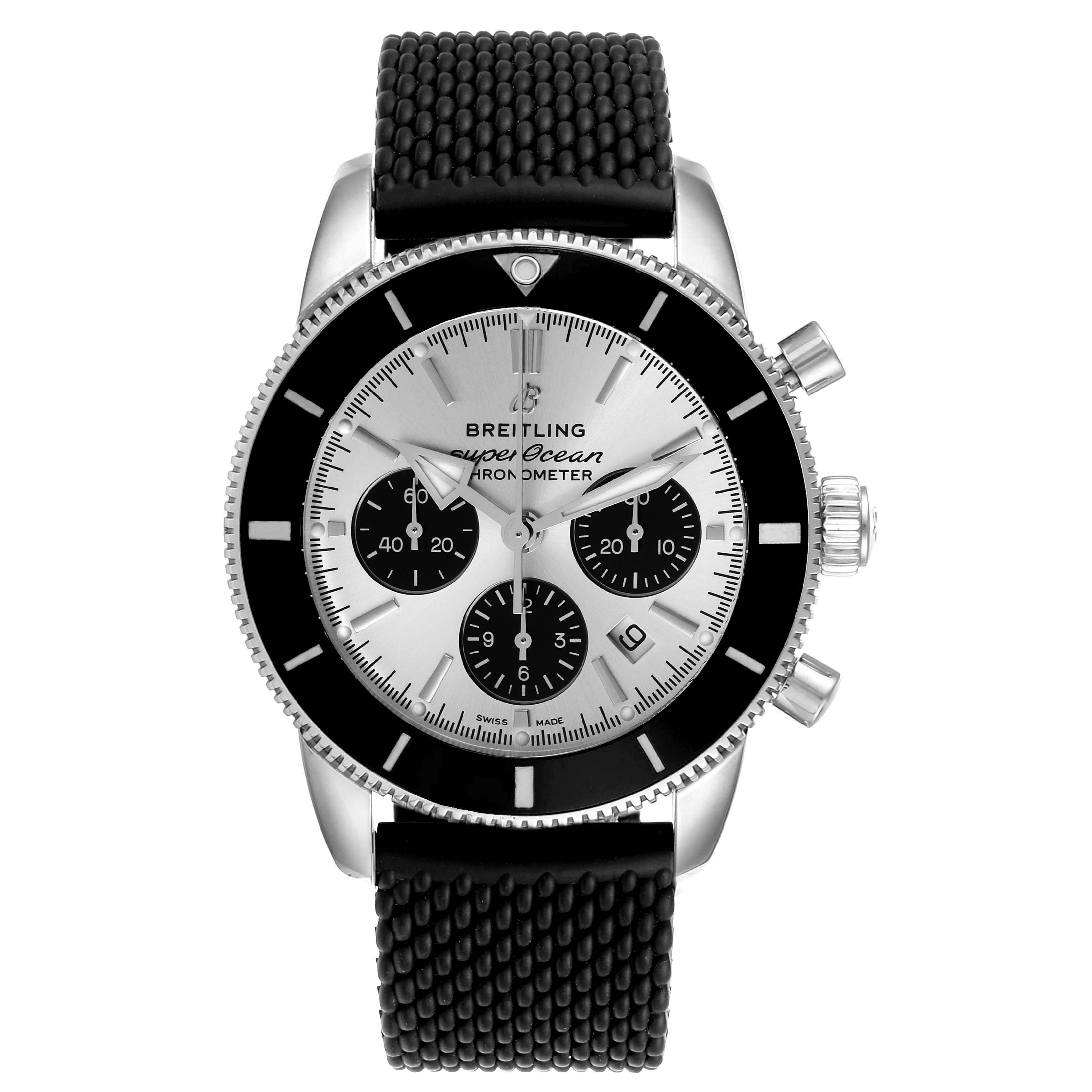 This Breitling Superocean AB0162 Men's Stainless Steel Silver Dial AB0162 Men's Stainless Steel Silver Dial watch is shown from a front angle, highlighting its face, bezel, and black rubber strap.
