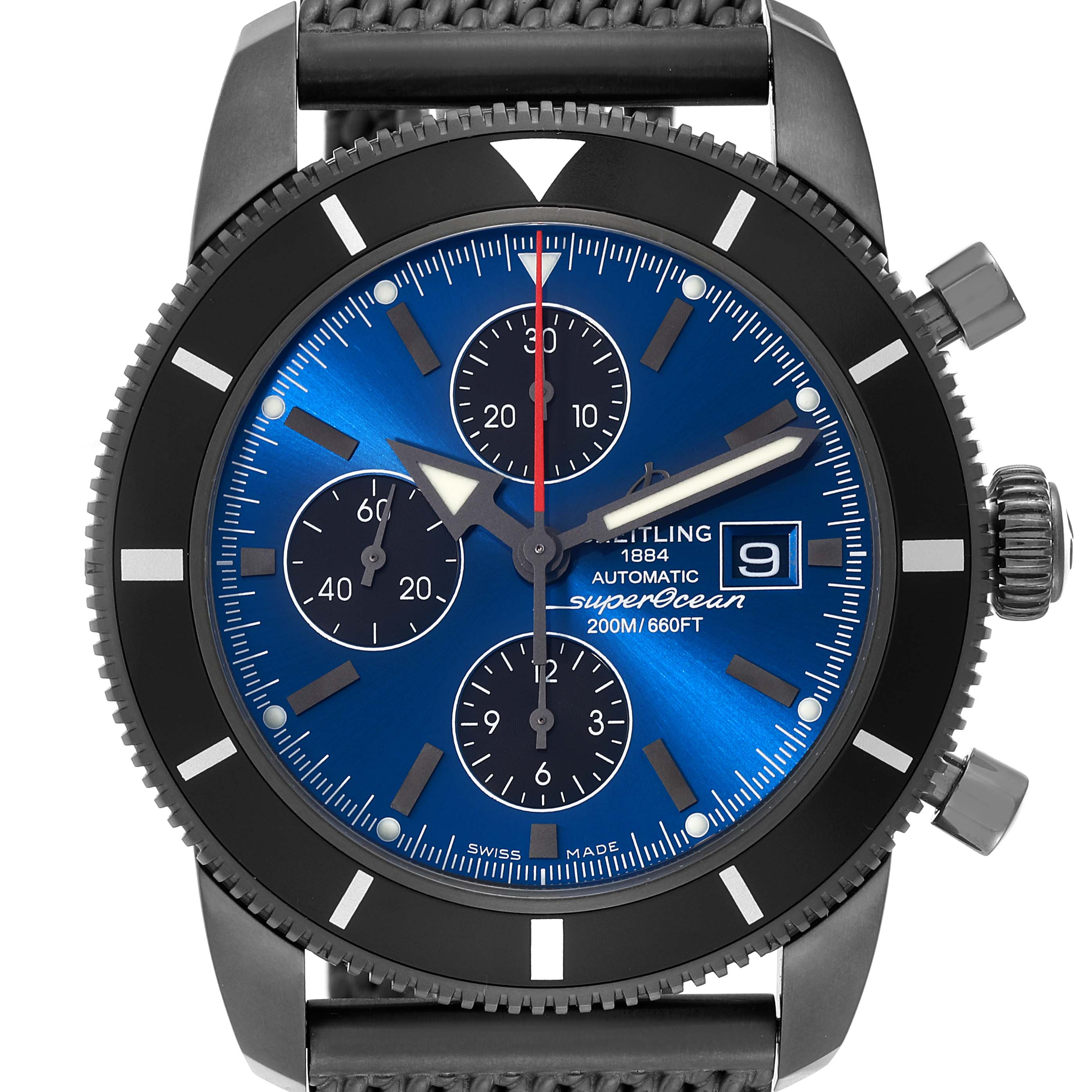The image shows a frontal view of the Breitling Superocean M133201A/C943 Men's Stainless Steel Blue Dial M133201A/C943 Men's Stainless Steel Blue Dial watch, displaying the dial, bezel, subdials, and a portion of the strap.