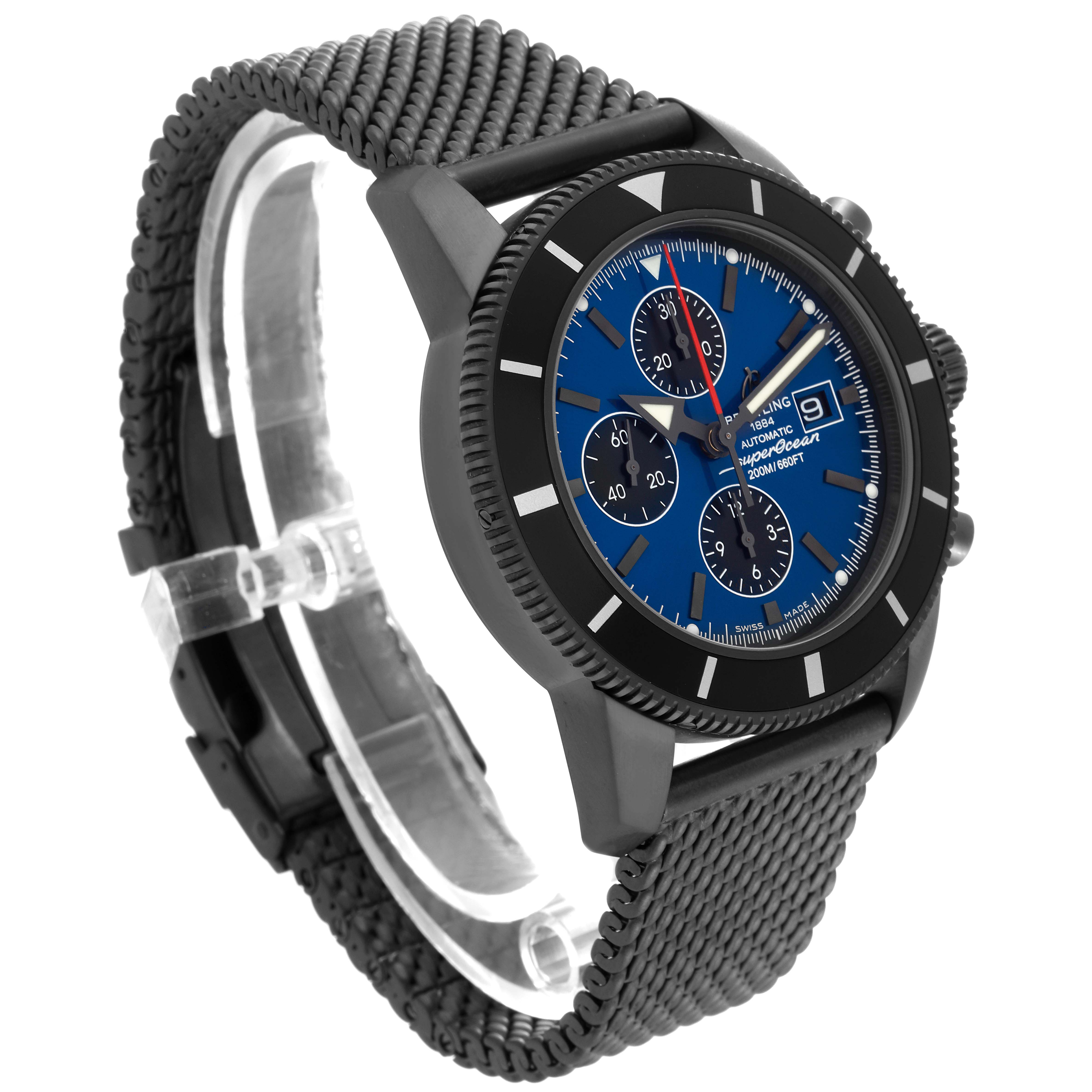 The image shows a side view of the Breitling Limited Series Superocean model with a black case, blue dial, and black strap.