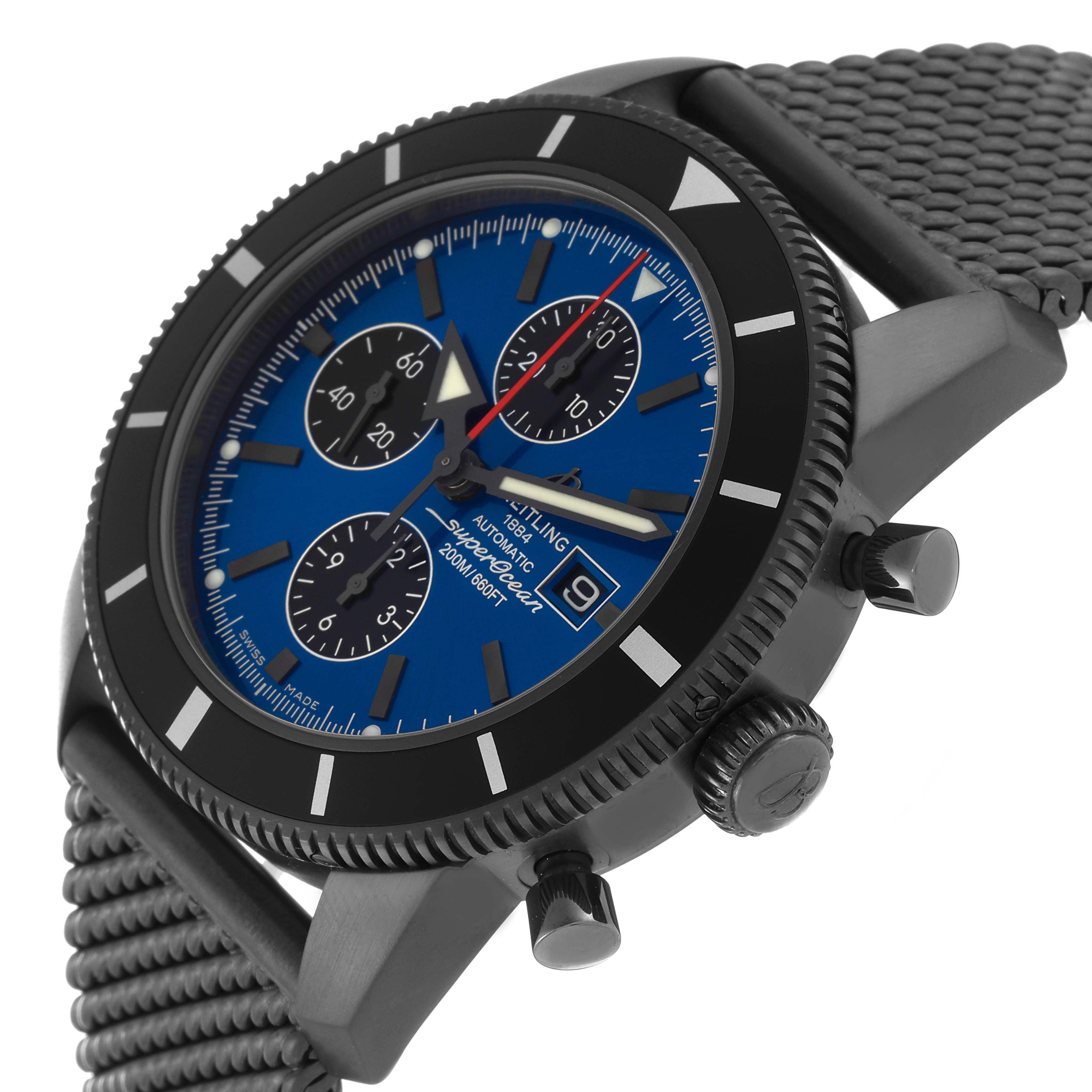 The image shows a side view of the Breitling Limited Series watch, highlighting its blue dial, chronograph subdials, bezel, and grey mesh strap.