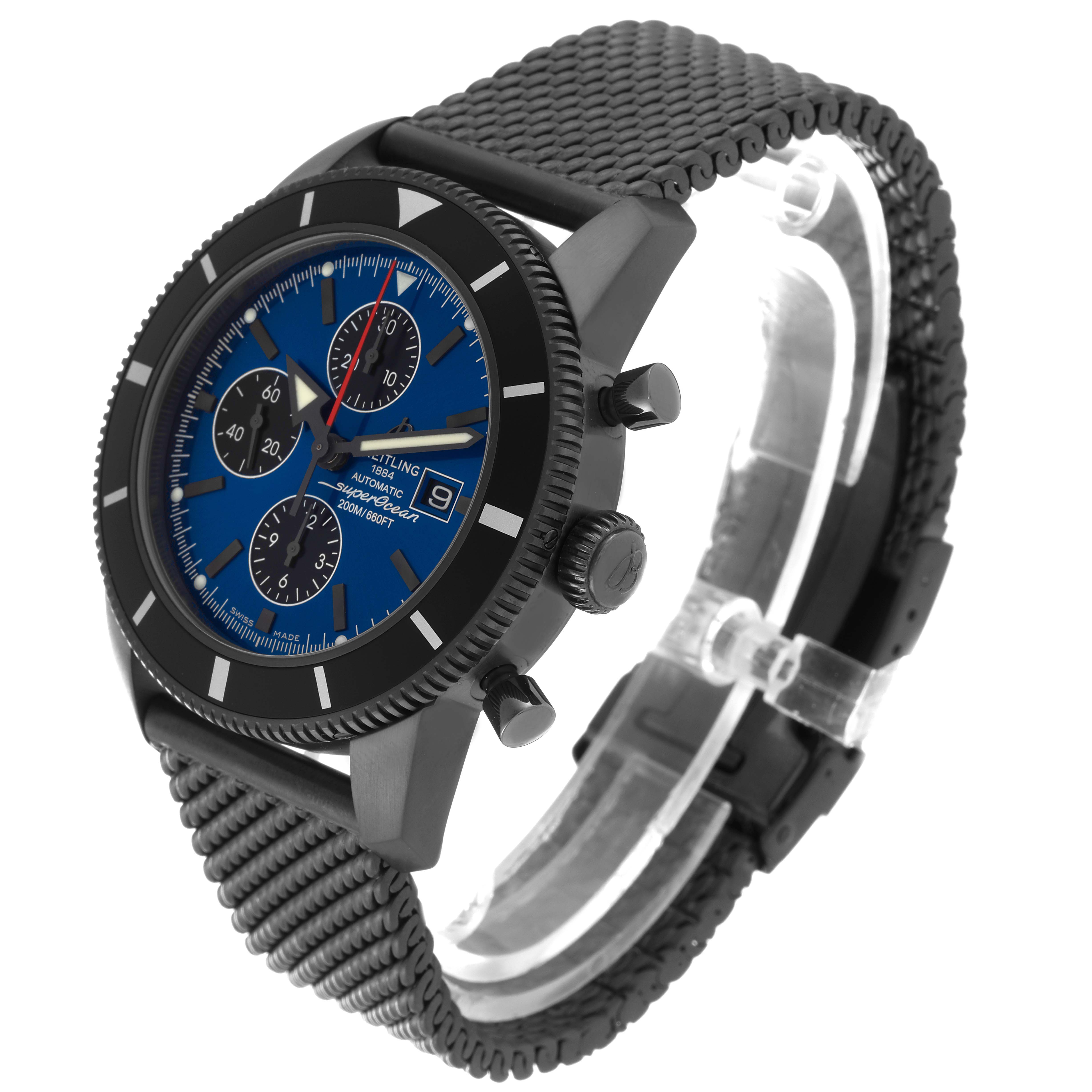 The image shows a Breitling Limited Series watch at a three-quarter angle, highlighting the face, side buttons, and mesh strap.