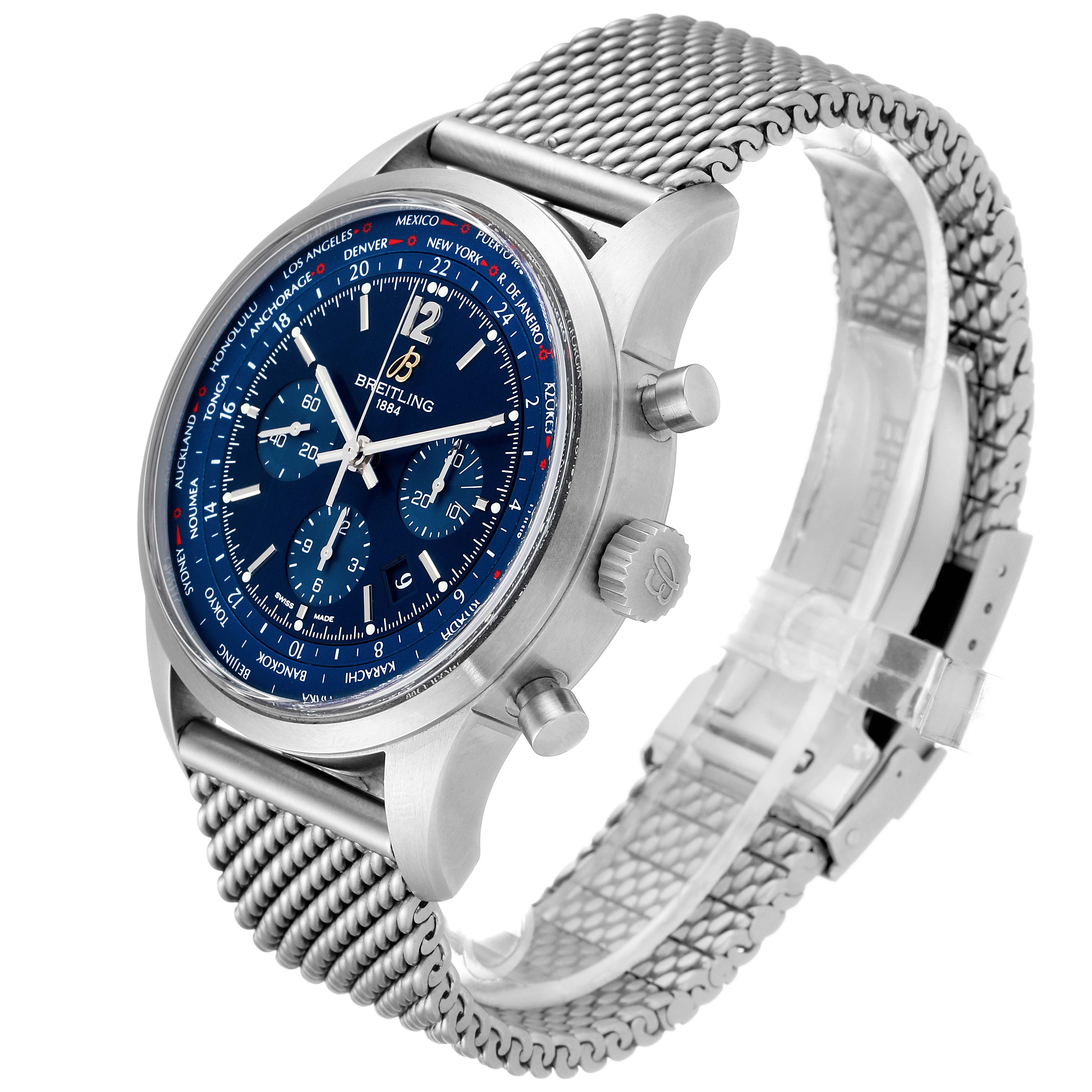 The Breitling Transocean AB0510  Men's Stainless Steel Blue Dial AB0510  Men's Stainless Steel Blue Dial model watch is shown at a slightly angled side view, highlighting its face, bezel, crown, and metal mesh strap.