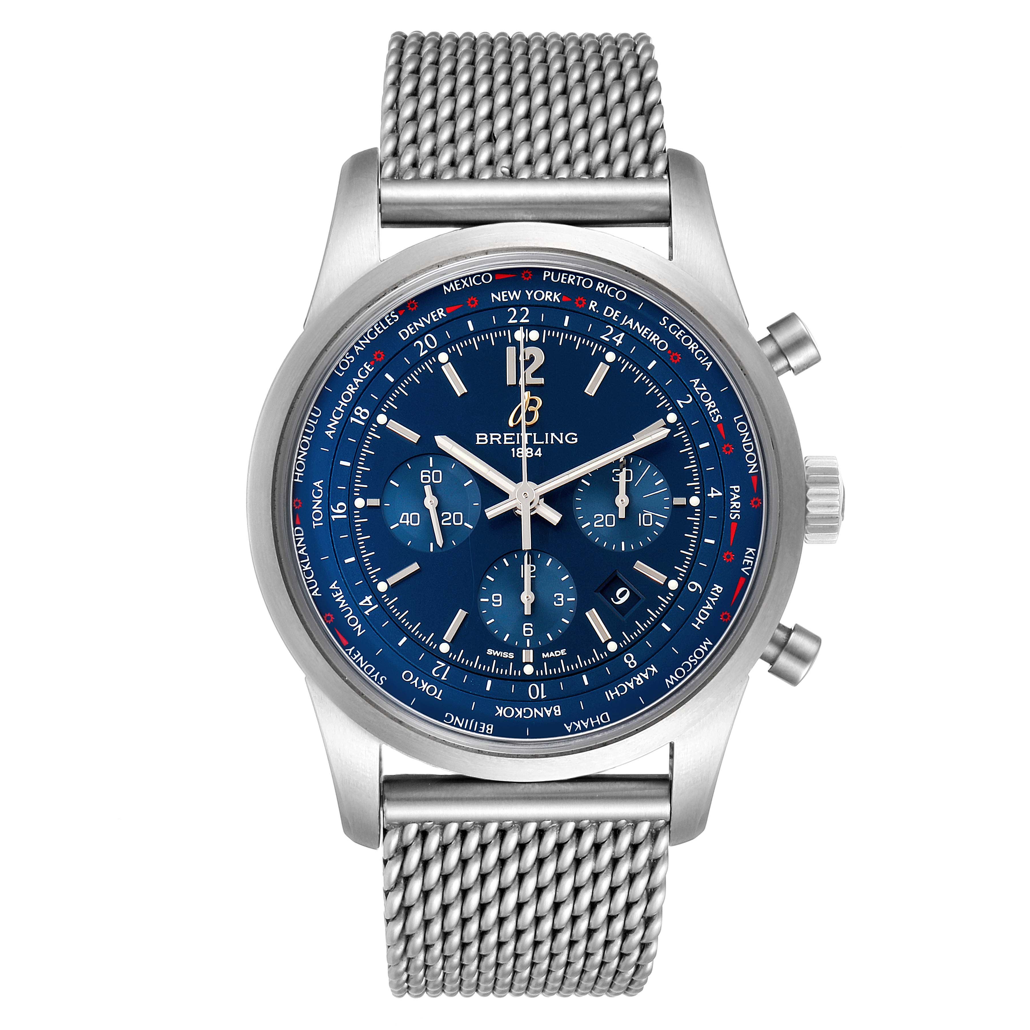 The image shows a front view of the Breitling Transocean AB0510  Men's Stainless Steel Blue Dial AB0510  Men's Stainless Steel Blue Dial watch, highlighting its blue dial, chronograph subdials, and mesh bracelet.