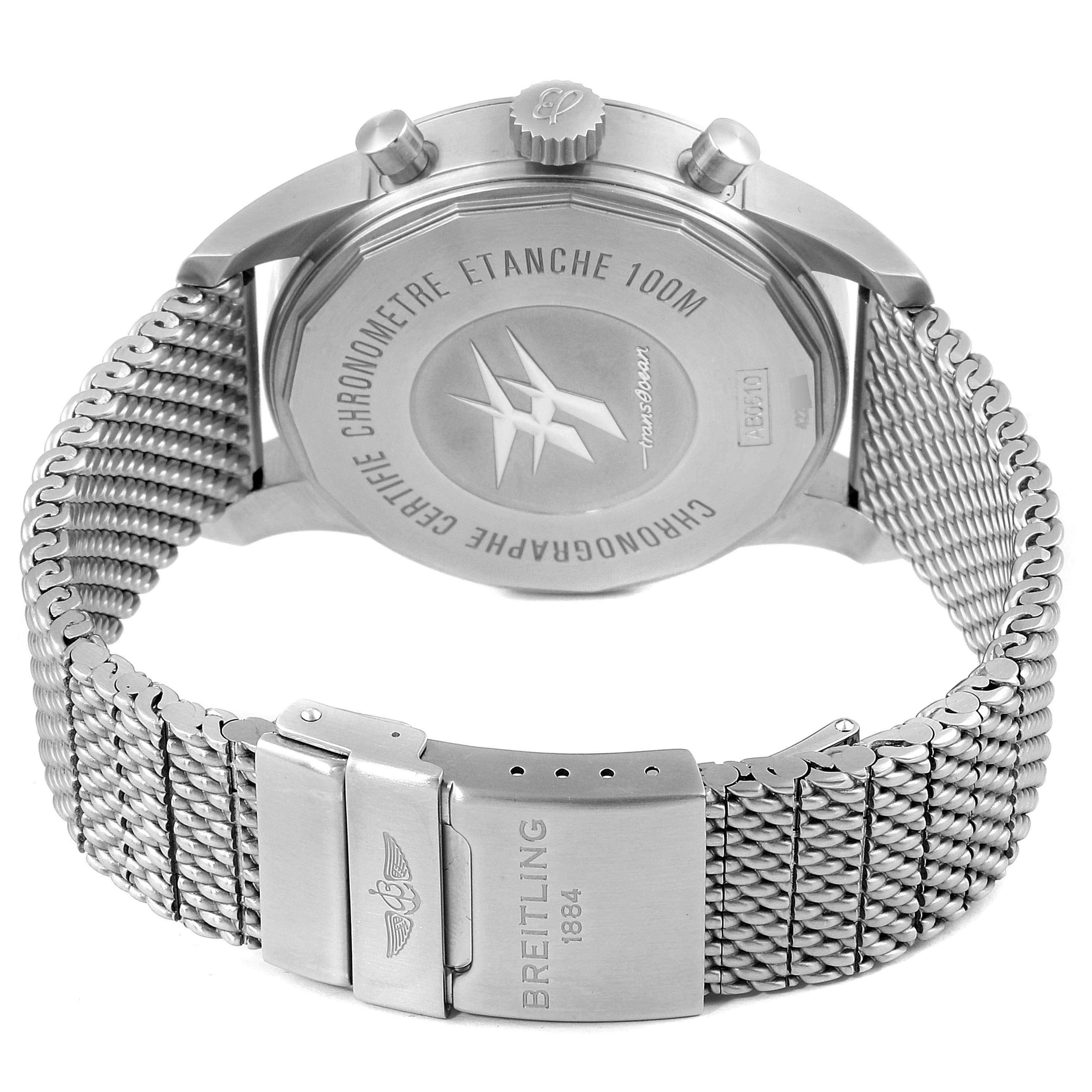 This image shows the back case and clasp of a Breitling Transocean AB0510  Men's Stainless Steel Blue Dial AB0510  Men's Stainless Steel Blue Dial watch, displaying the mesh bracelet and clasp engravings.