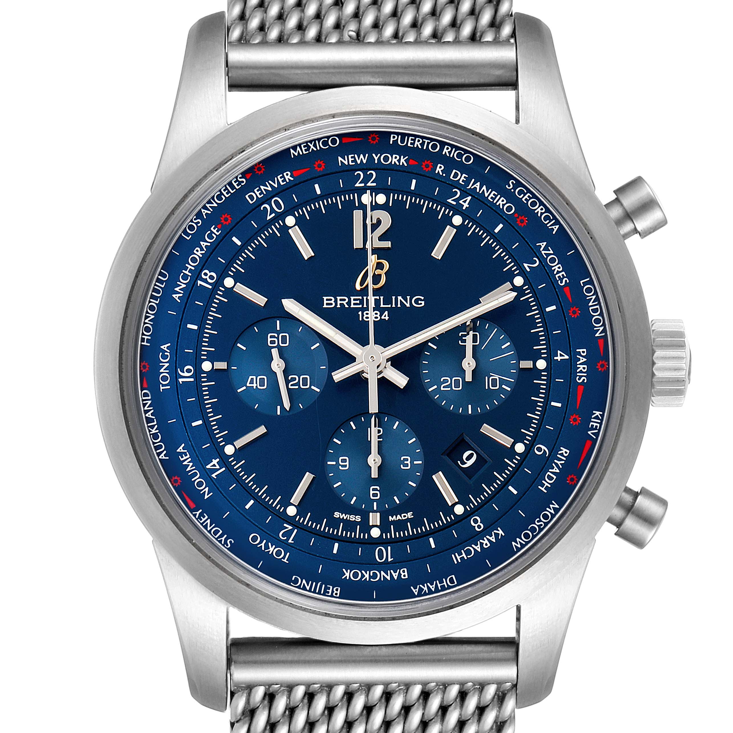This image shows a front view of the Breitling Transocean AB0510  Men's Stainless Steel Blue Dial AB0510  Men's Stainless Steel Blue Dial watch, highlighting the dial, bezel, and mesh strap.