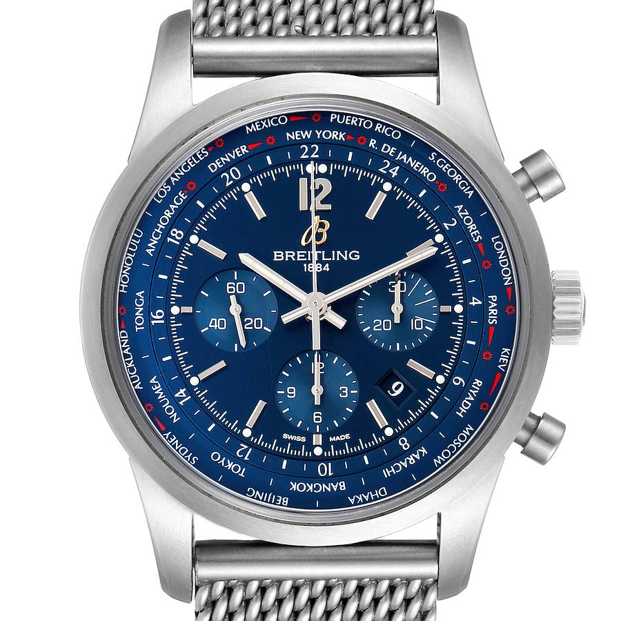 Breitling Transocean Chronograph Blue Dial Steel Watch AB0510 Box Papers SwissWatchExpo