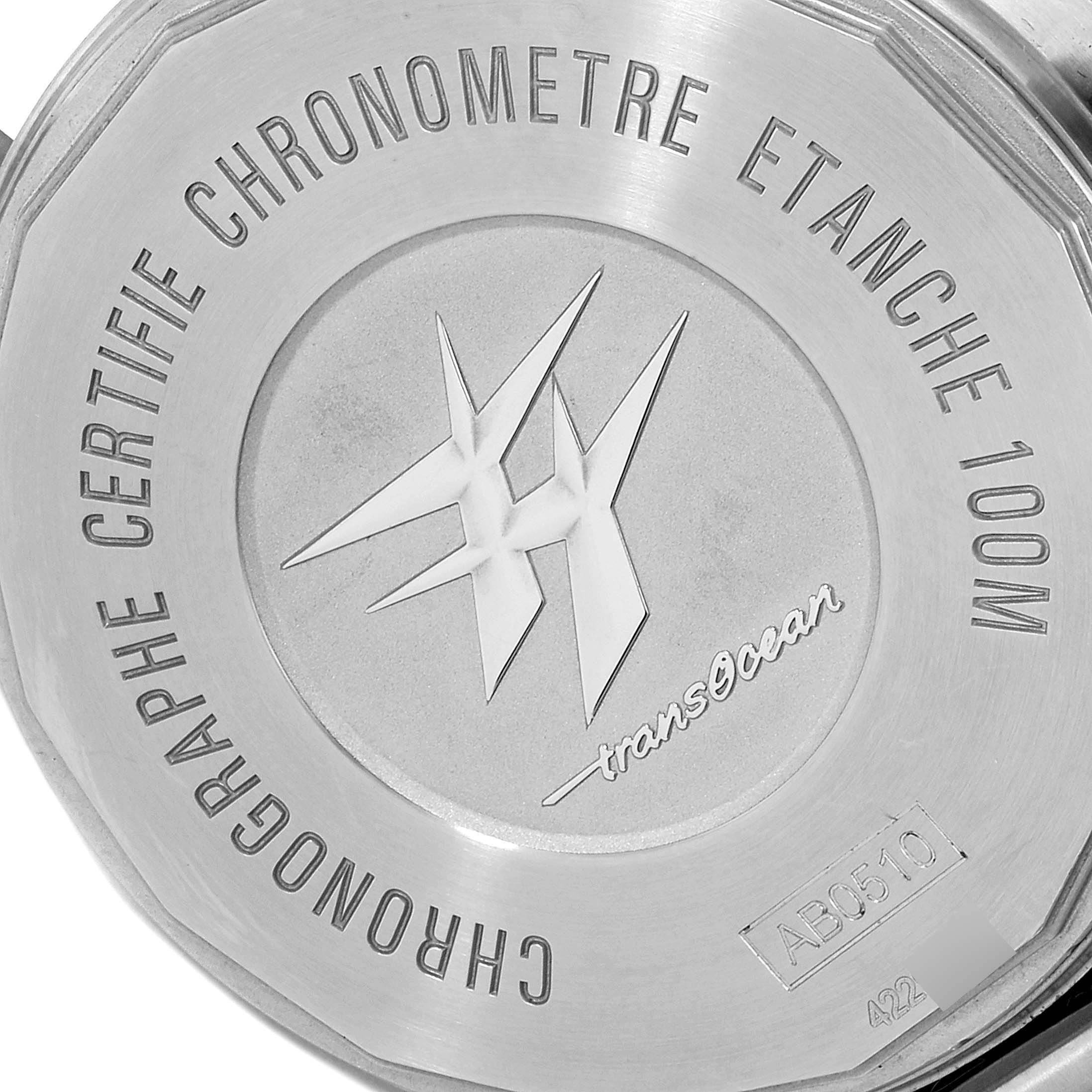 The image shows the case back of a Breitling Transocean AB0510  Men's Stainless Steel Blue Dial AB0510  Men's Stainless Steel Blue Dial watch, highlighting its engravings and model information.