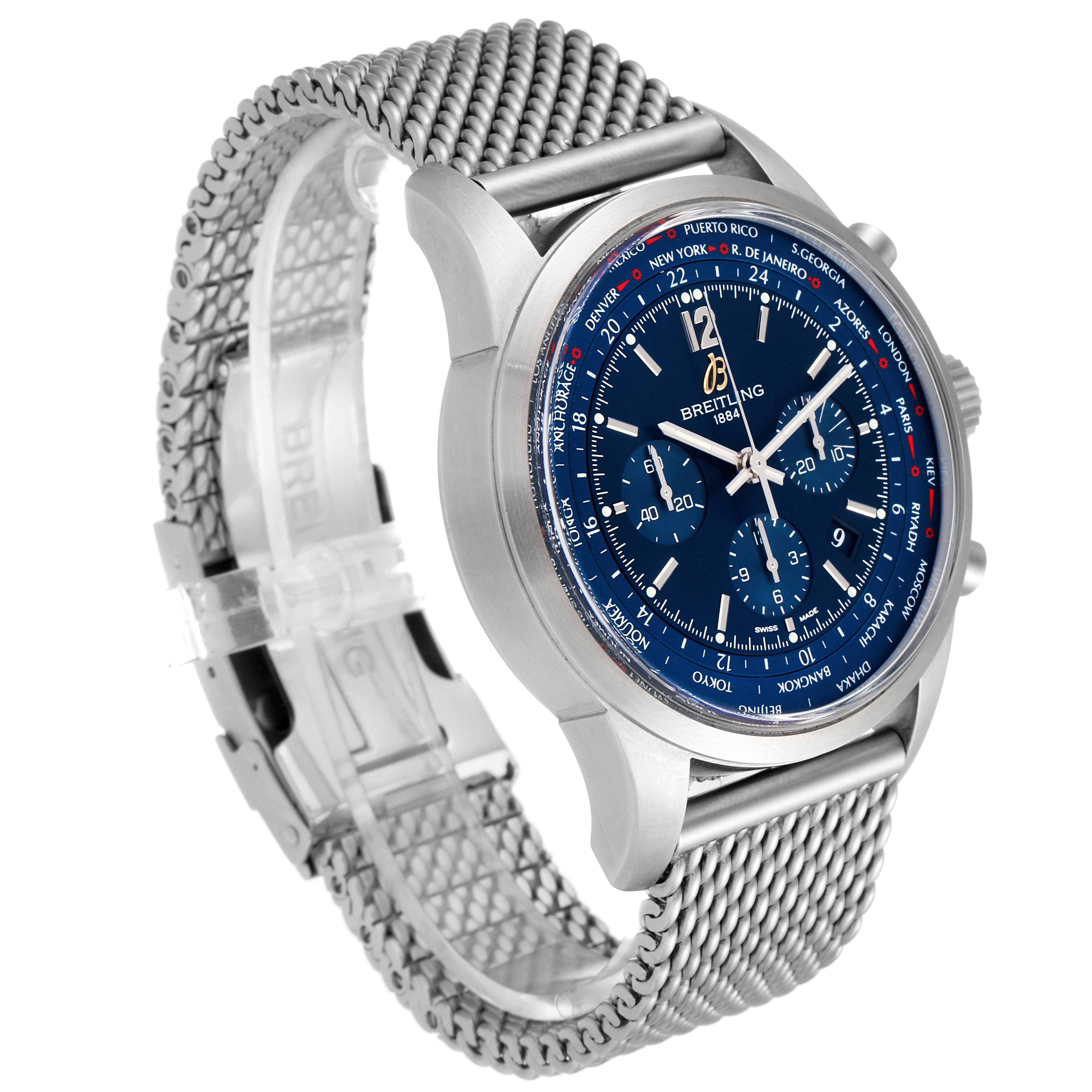 The Breitling Transocean AB0510  Men's Stainless Steel Blue Dial AB0510  Men's Stainless Steel Blue Dial watch is shown at a slight angle, highlighting the face, mesh strap, and side pushers.