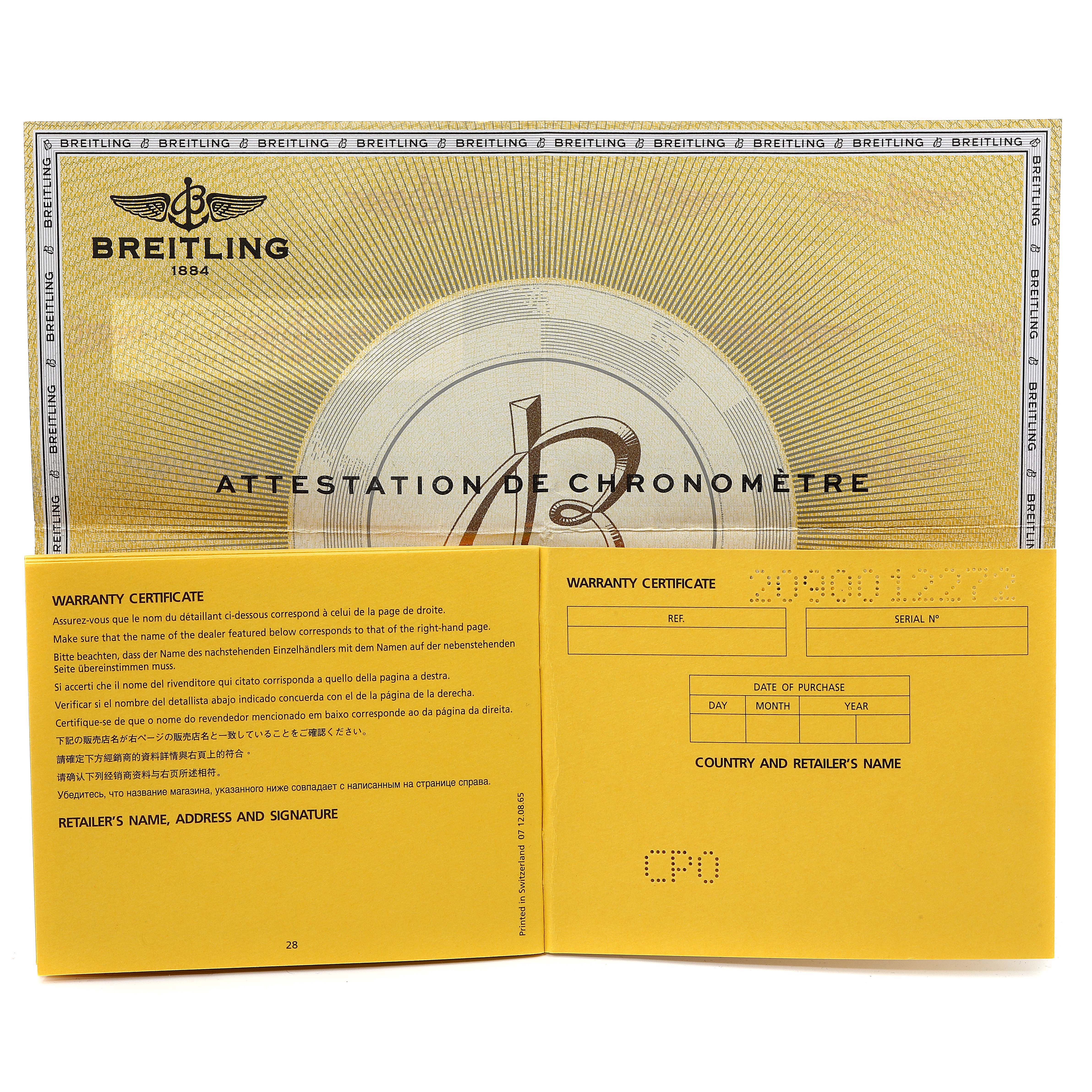 The image shows a Breitling Transocean AB0510  Men's Stainless Steel Blue Dial AB0510  Men's Stainless Steel Blue Dial model warranty certificate, including the Attestation de Chronomètre and the retailer details section.