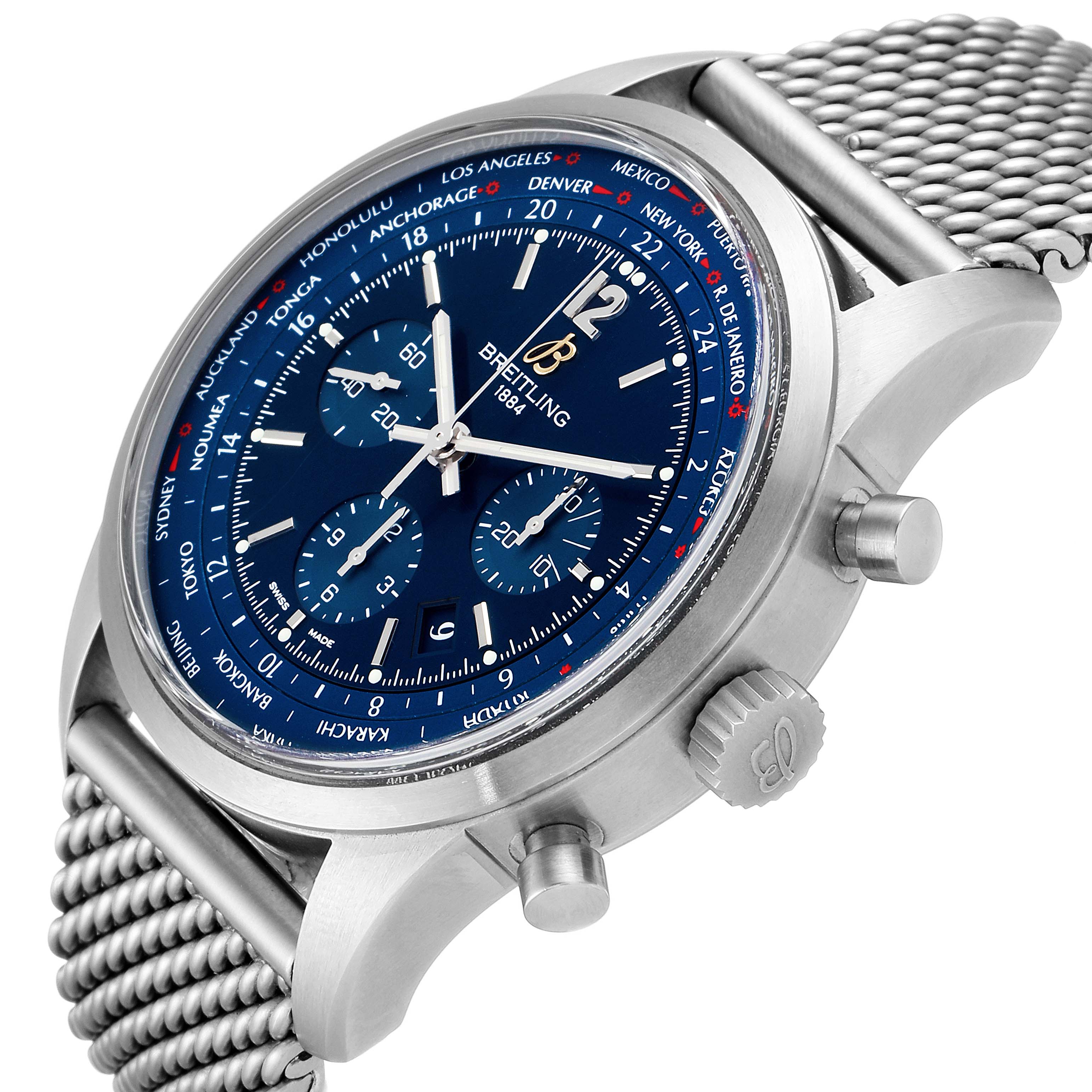 The Breitling Transocean AB0510  Men's Stainless Steel Blue Dial AB0510  Men's Stainless Steel Blue Dial watch is shown from a right-side angle, displaying its face, crown, chronograph pushers, and metal strap.