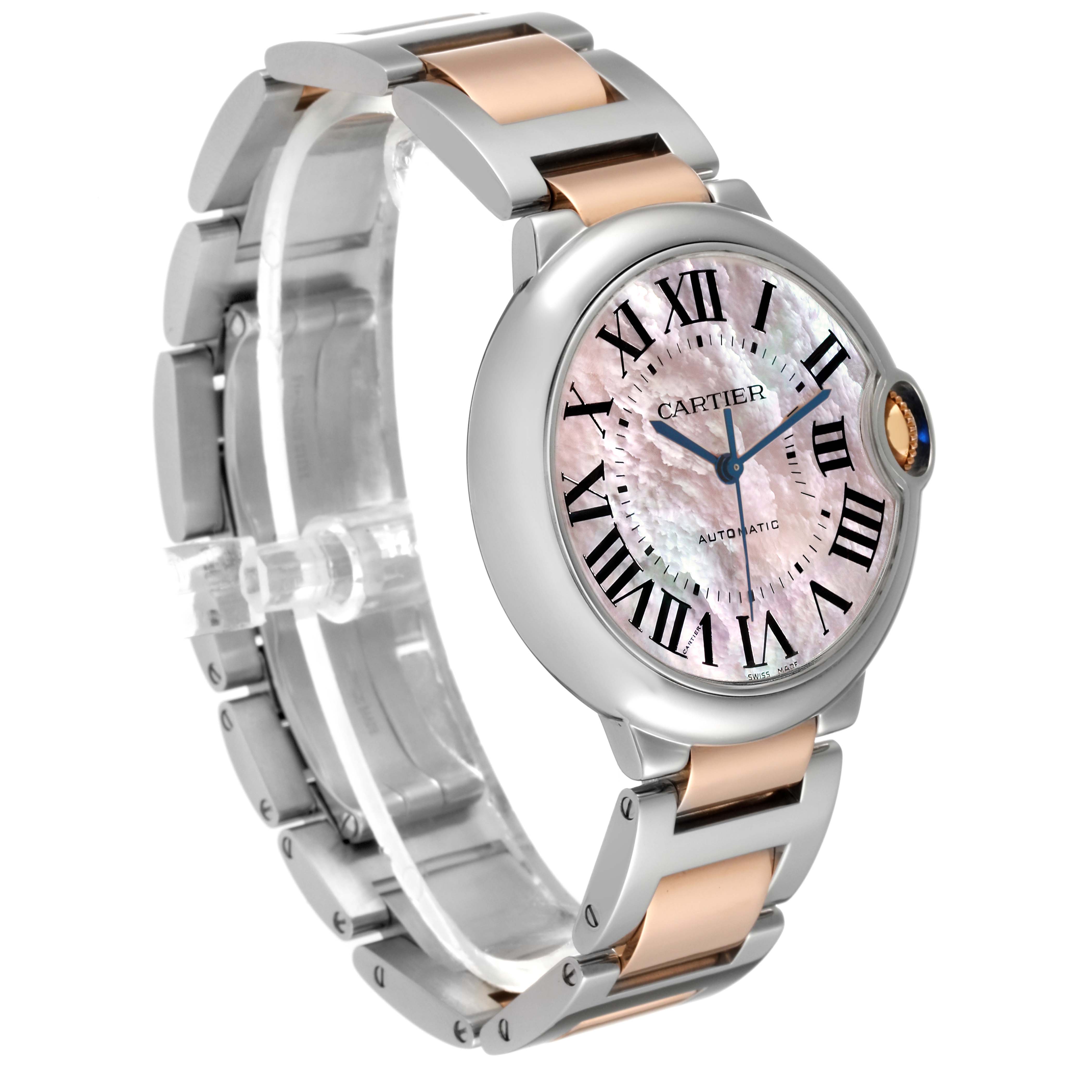 The image shows a side angle of a Cartier Ballon Bleu W6920033 Women's Steel and Gold (two tone) Mother of Pearl Dial W6920033 Women's Steel and Gold (two tone) Mother of Pearl Dial watch, featuring its face, bezel, crown, and bracelet.