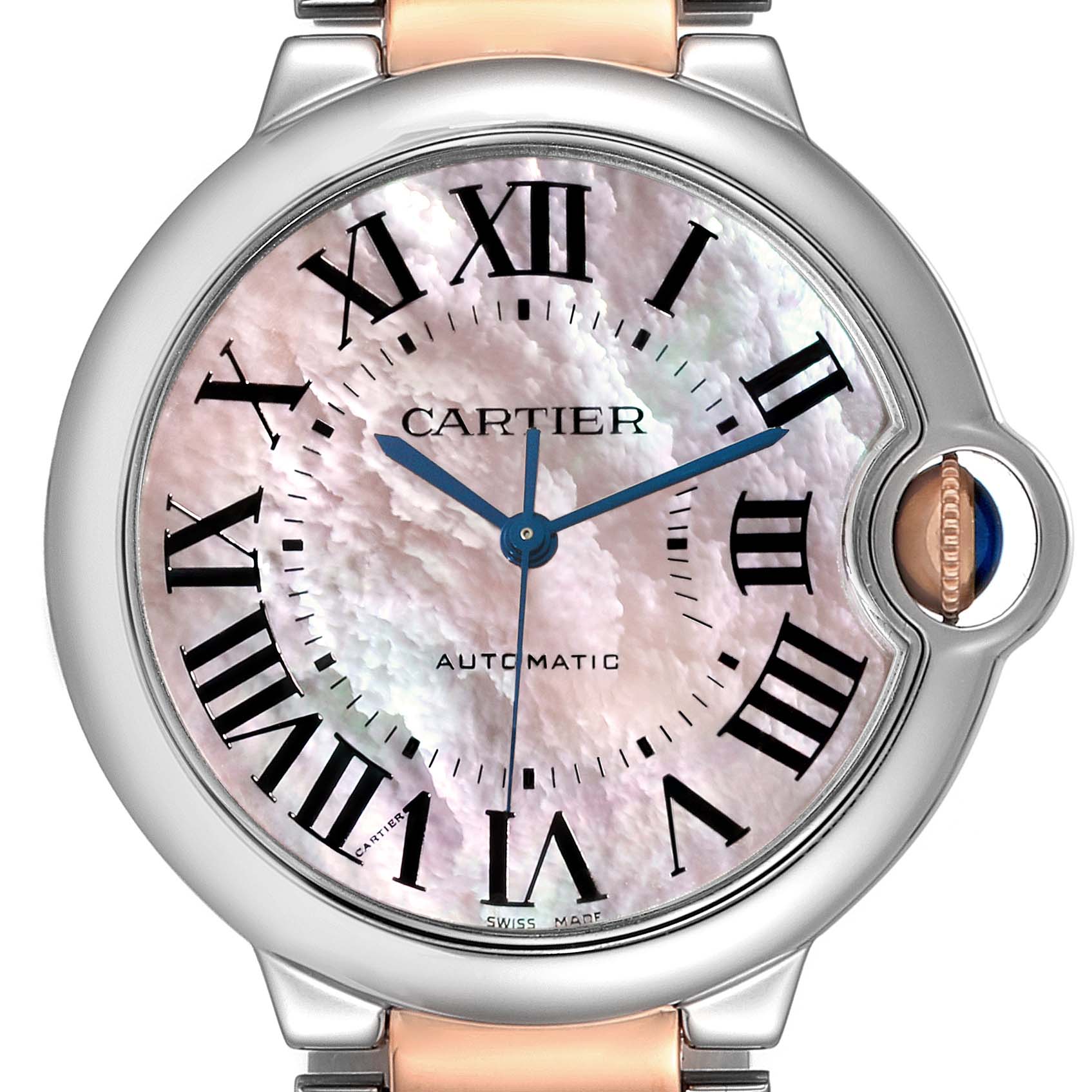The image shows a close-up of the dial and case of the Ballon Bleu de Cartier watch, highlighting its Roman numerals and blue hands.