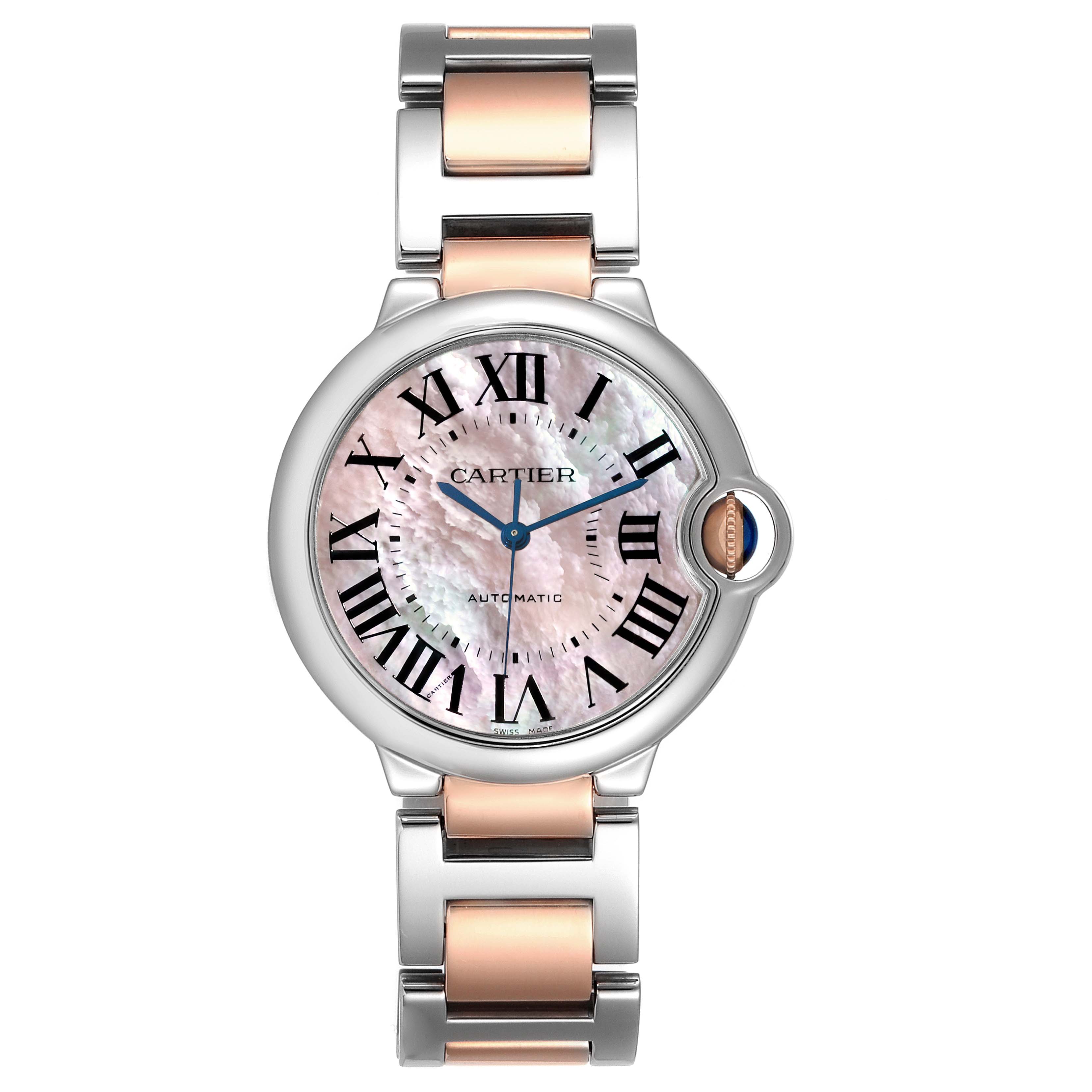 This Cartier Ballon Bleu W6920033 Women's Steel and Gold (two tone) Mother of Pearl Dial W6920033 Women's Steel and Gold (two tone) Mother of Pearl Dial watch is shown from a straight-on view, highlighting its face, crown, and bracelet.