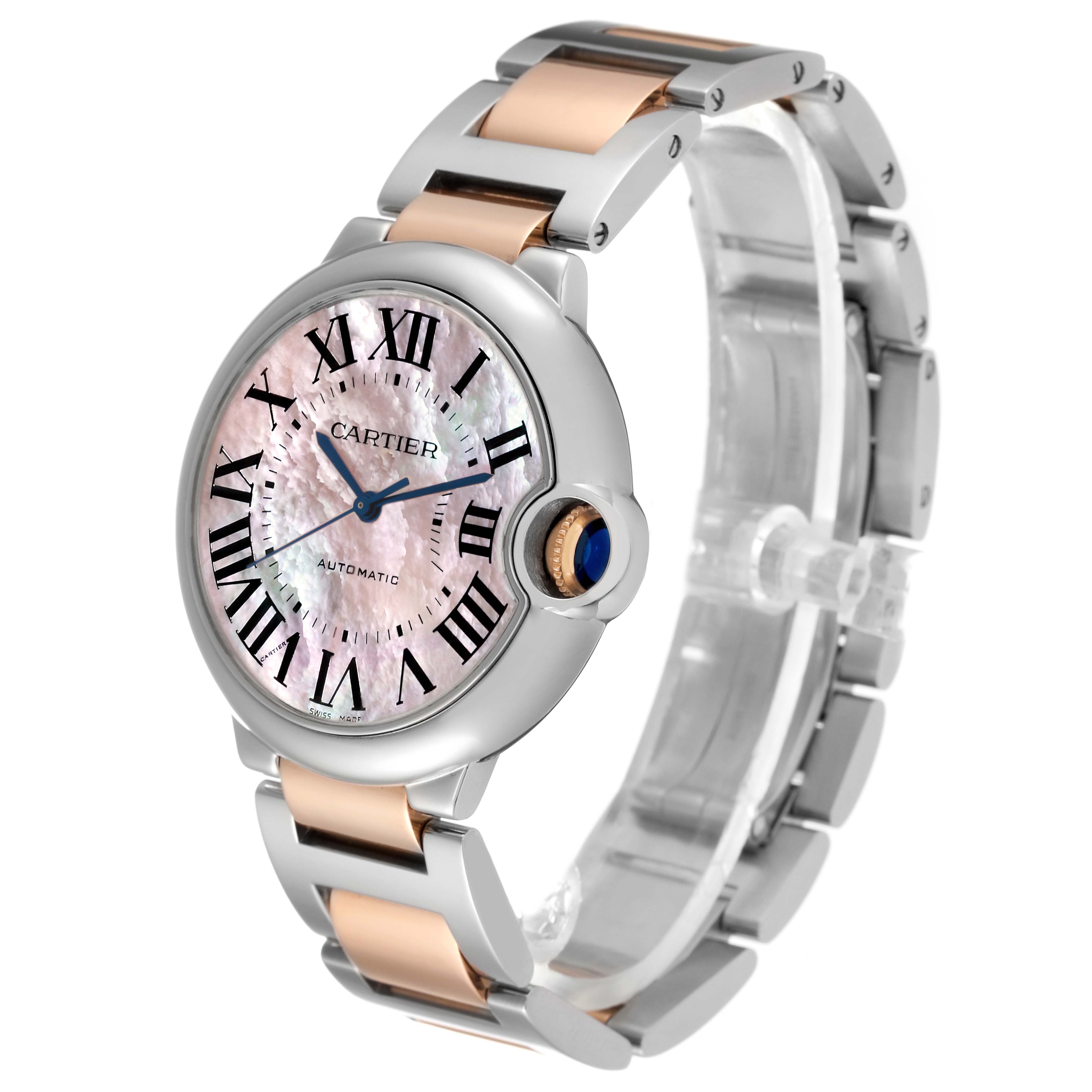 The Cartier Ballon Bleu W6920033 Women's Steel and Gold (two tone) Mother of Pearl Dial W6920033 Women's Steel and Gold (two tone) Mother of Pearl Dial watch is shown at a slight angle, highlighting the dial, crown, and bracelet.