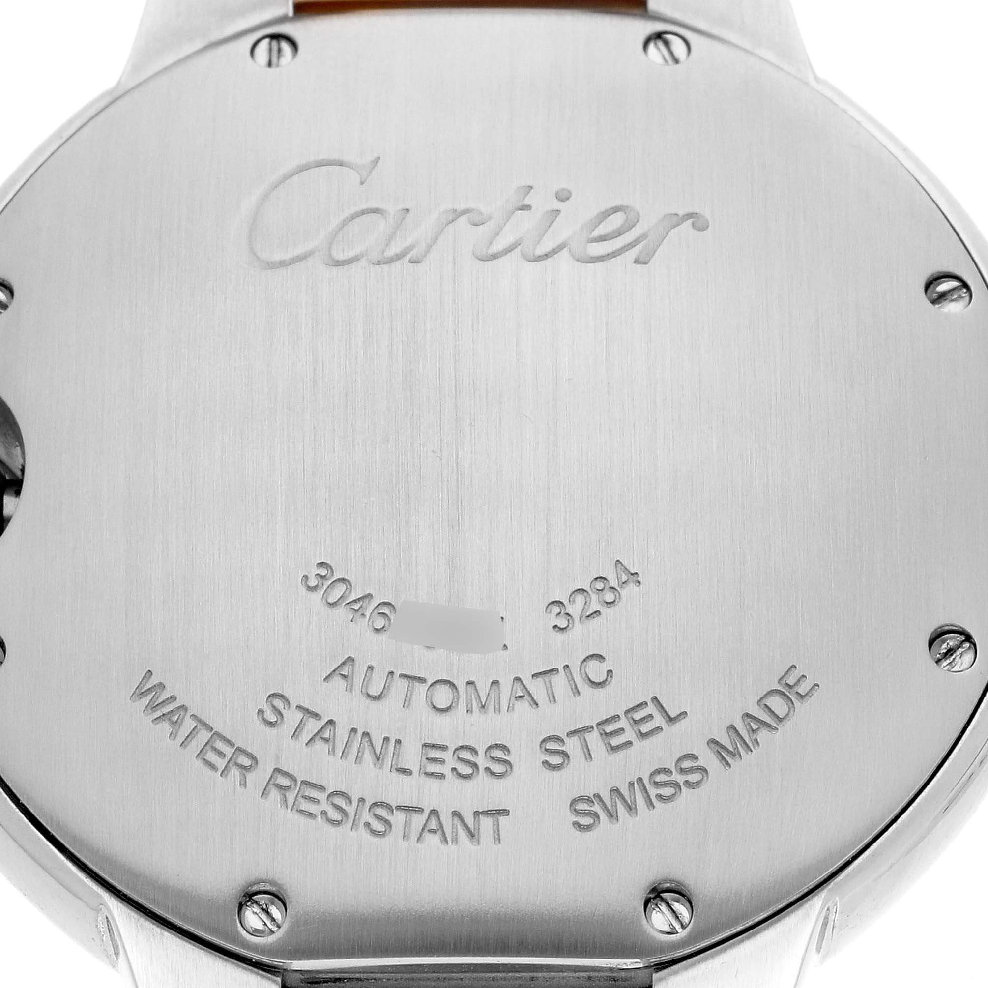 This image shows the back case of the Ballon Bleu model watch by Cartier, highlighting its inscriptions and material details.