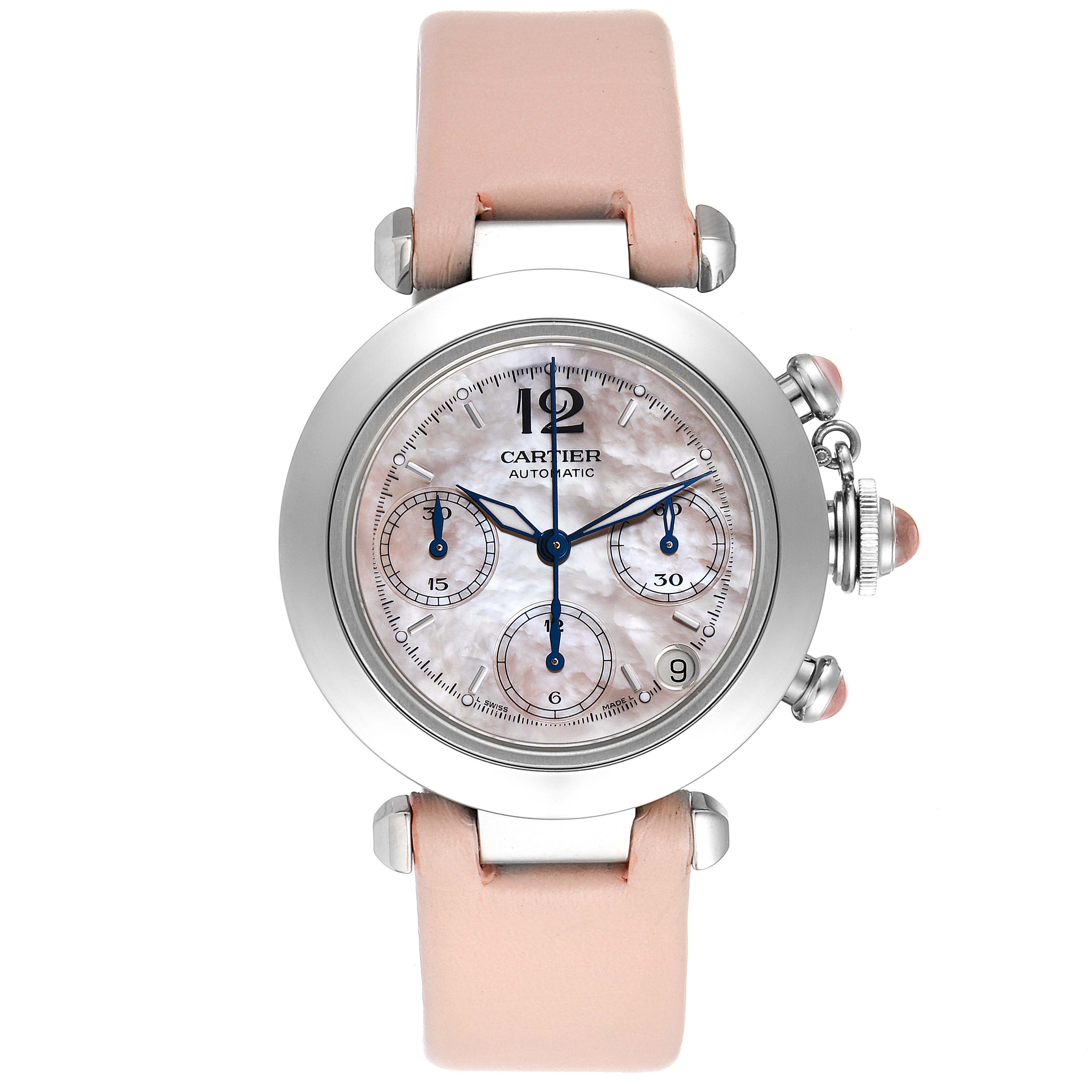The image shows a front view of a Cartier Pasha W3106599 Women's Stainless Steel Mother of Pearl Dial W3106599 Women's Stainless Steel Mother of Pearl Dial watch, highlighting its face, dials, bezel, and straps.