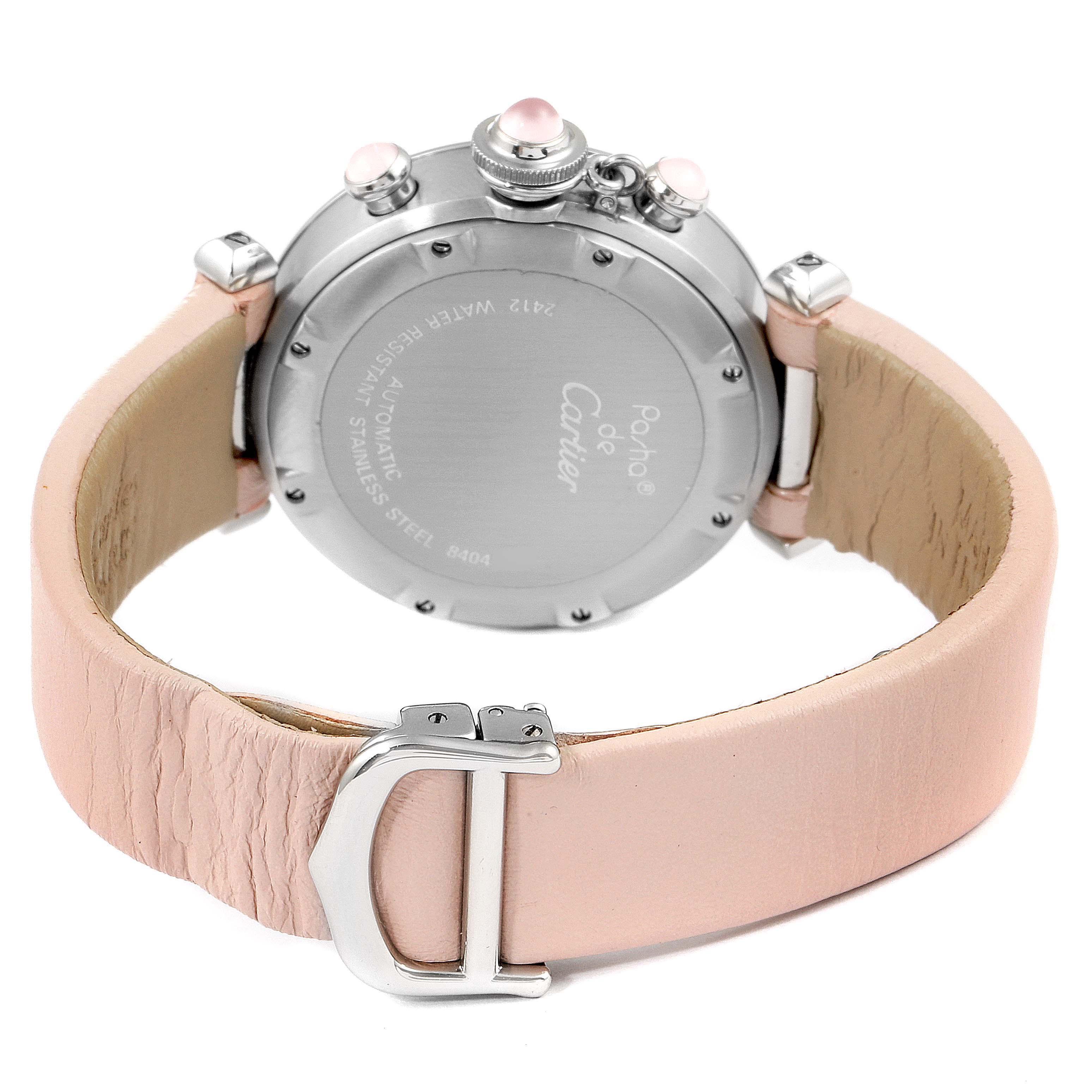 The image shows the back view of the Cartier Pasha W3106599 Women's Stainless Steel Mother of Pearl Dial W3106599 Women's Stainless Steel Mother of Pearl Dial watch, highlighting its case back and light pink leather strap with buckle.