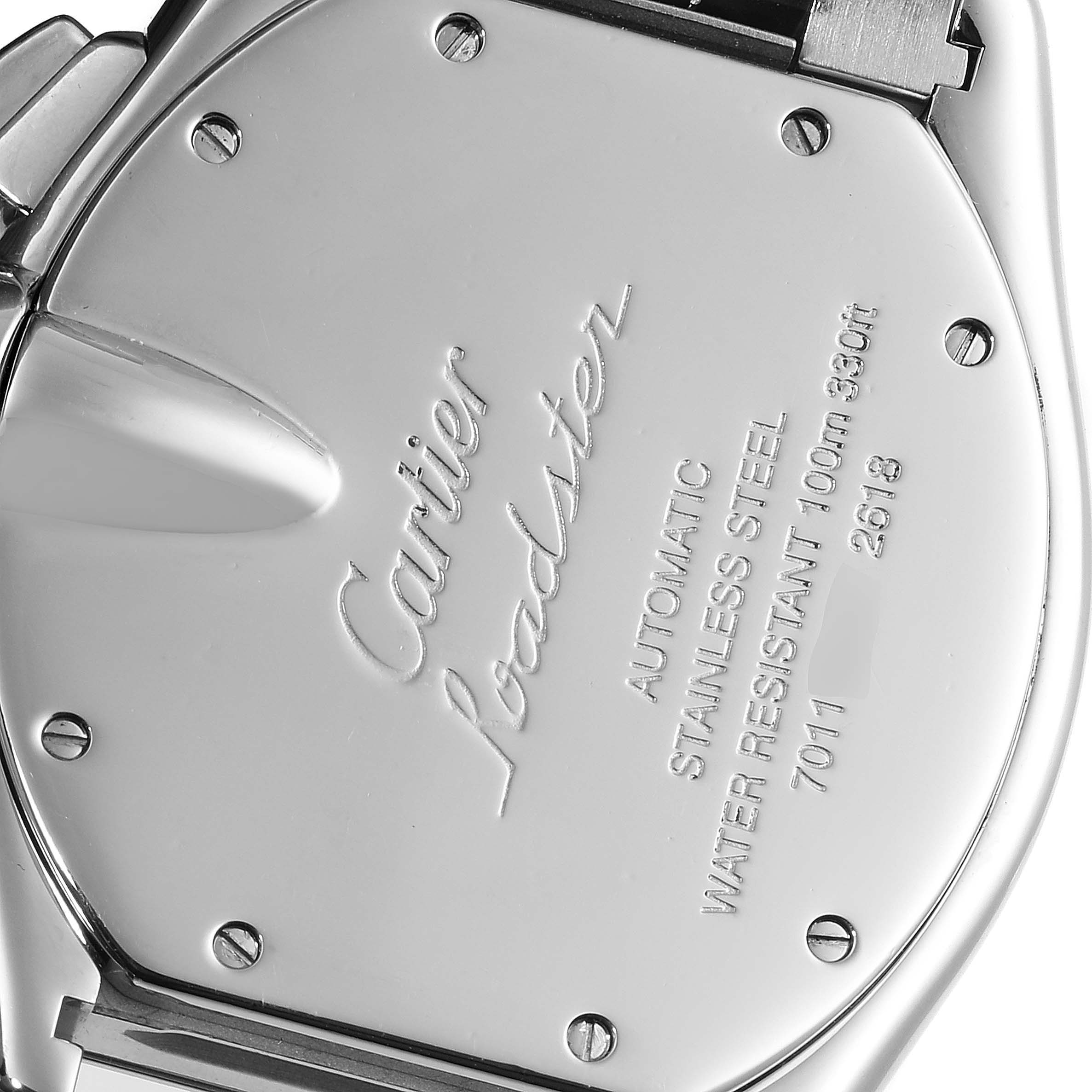 The image shows the back of the Cartier Roadster W62020X6 Men
s Stainless Steel Black Dial W62020X6 Men
s Stainless Steel Black Dial watch, highlighting the brand logo, model name, and specifications.