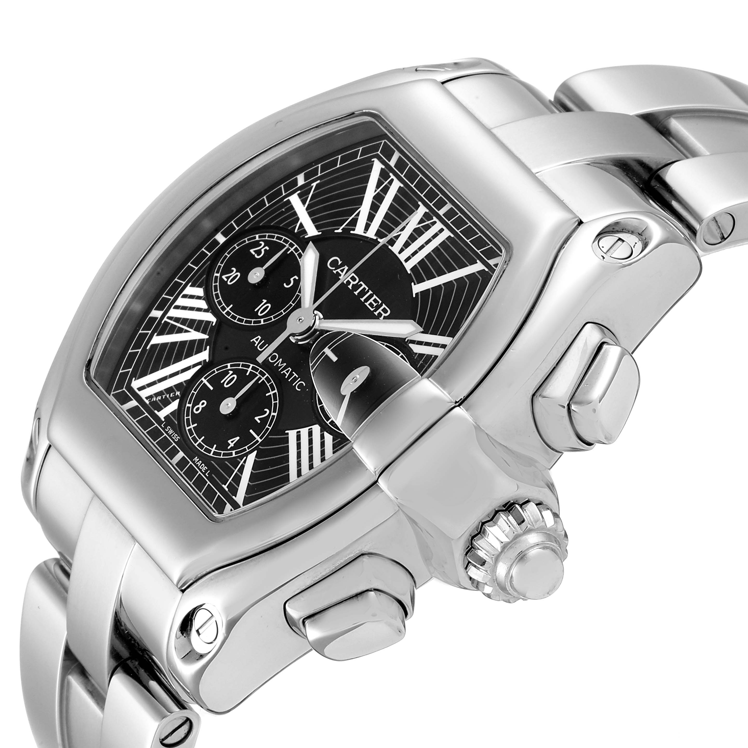 The Cartier Roadster W62020X6 Men
s Stainless Steel Black Dial W62020X6 Men
s Stainless Steel Black Dial watch is shown from a diagonal angle, highlighting the face, bezel, crown, and part of the bracelet.