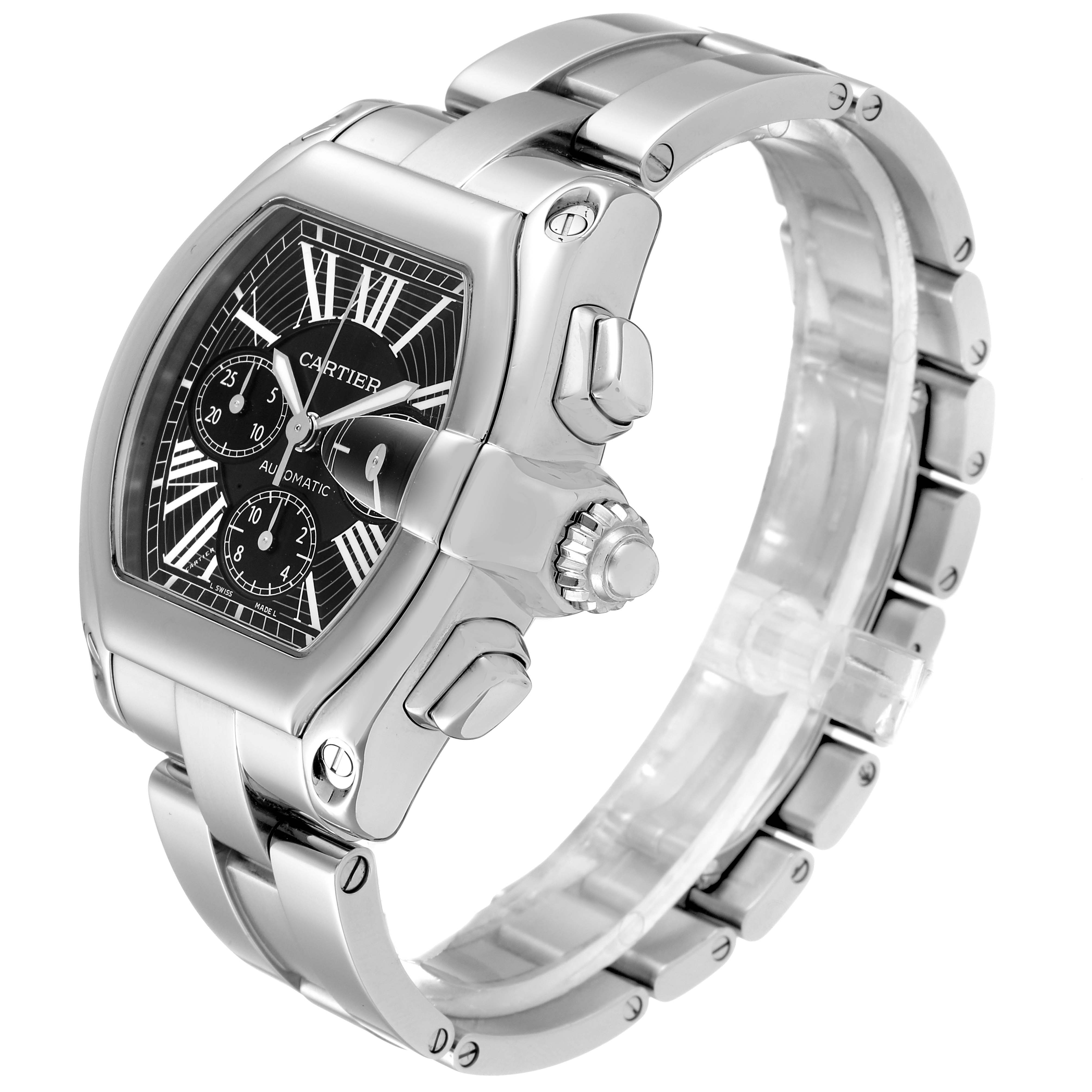 The image shows a side-angle view of a Cartier Roadster W62020X6 Men
s Stainless Steel Black Dial W62020X6 Men
s Stainless Steel Black Dial watch, highlighting the face, crown, and metal bracelet.