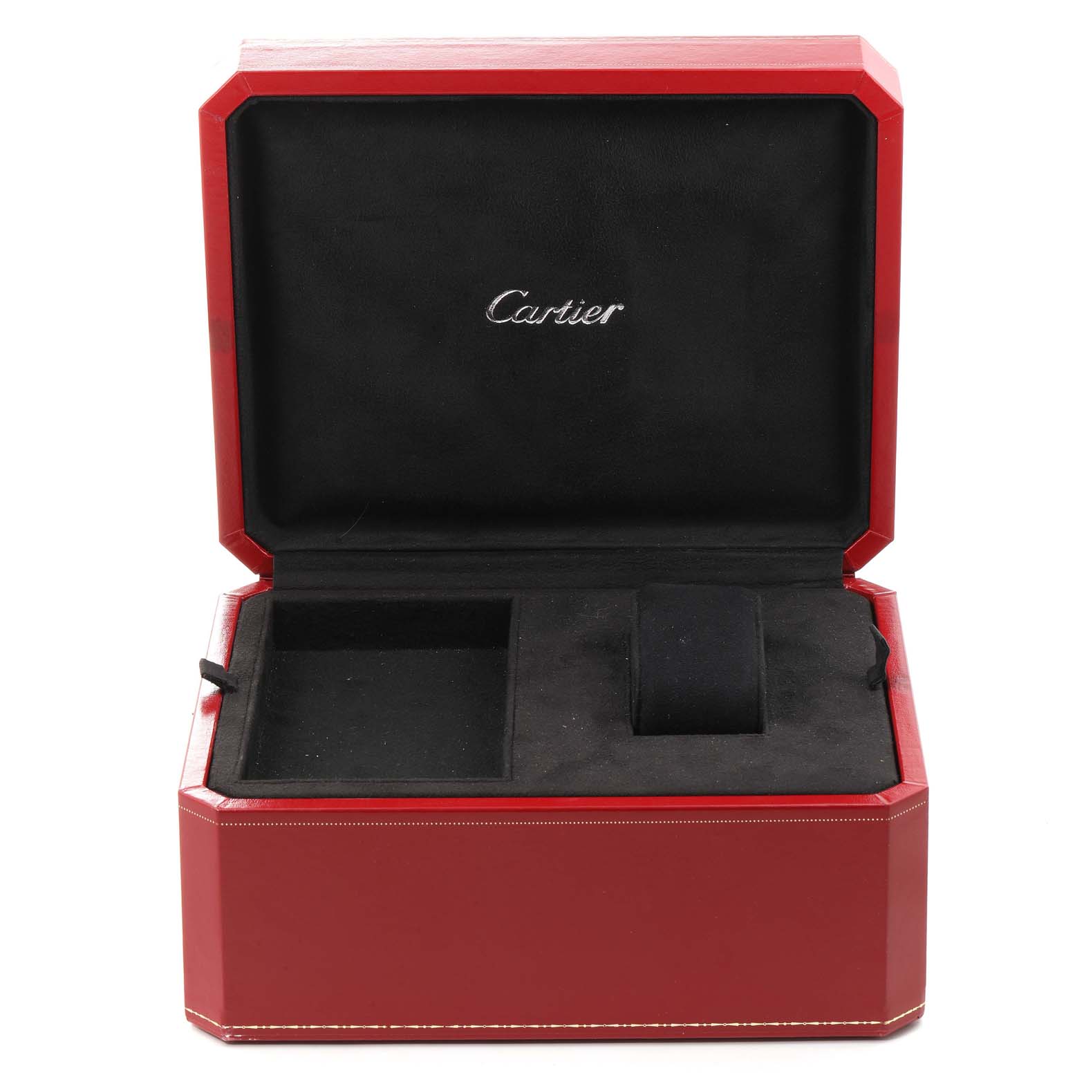 This image shows an open red Cartier Roadster W62020X6 Men
s Stainless Steel Black Dial W62020X6 Men
s Stainless Steel Black Dial watch box with compartments for storing the watch and accessories.