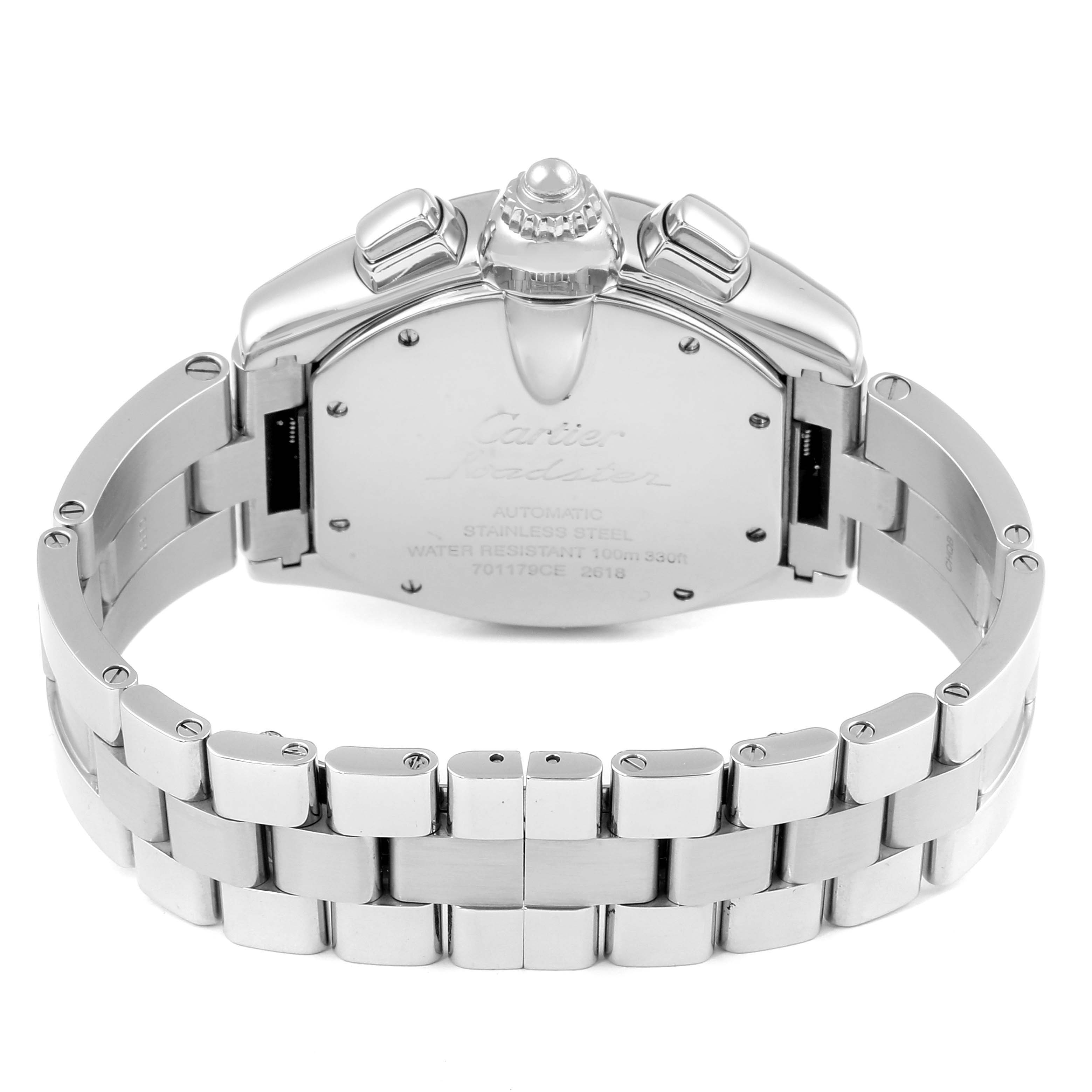 The image shows the back view of a Cartier Roadster W62020X6 Men
s Stainless Steel Black Dial W62020X6 Men
s Stainless Steel Black Dial watch, highlighting the stainless steel bracelet and case back.