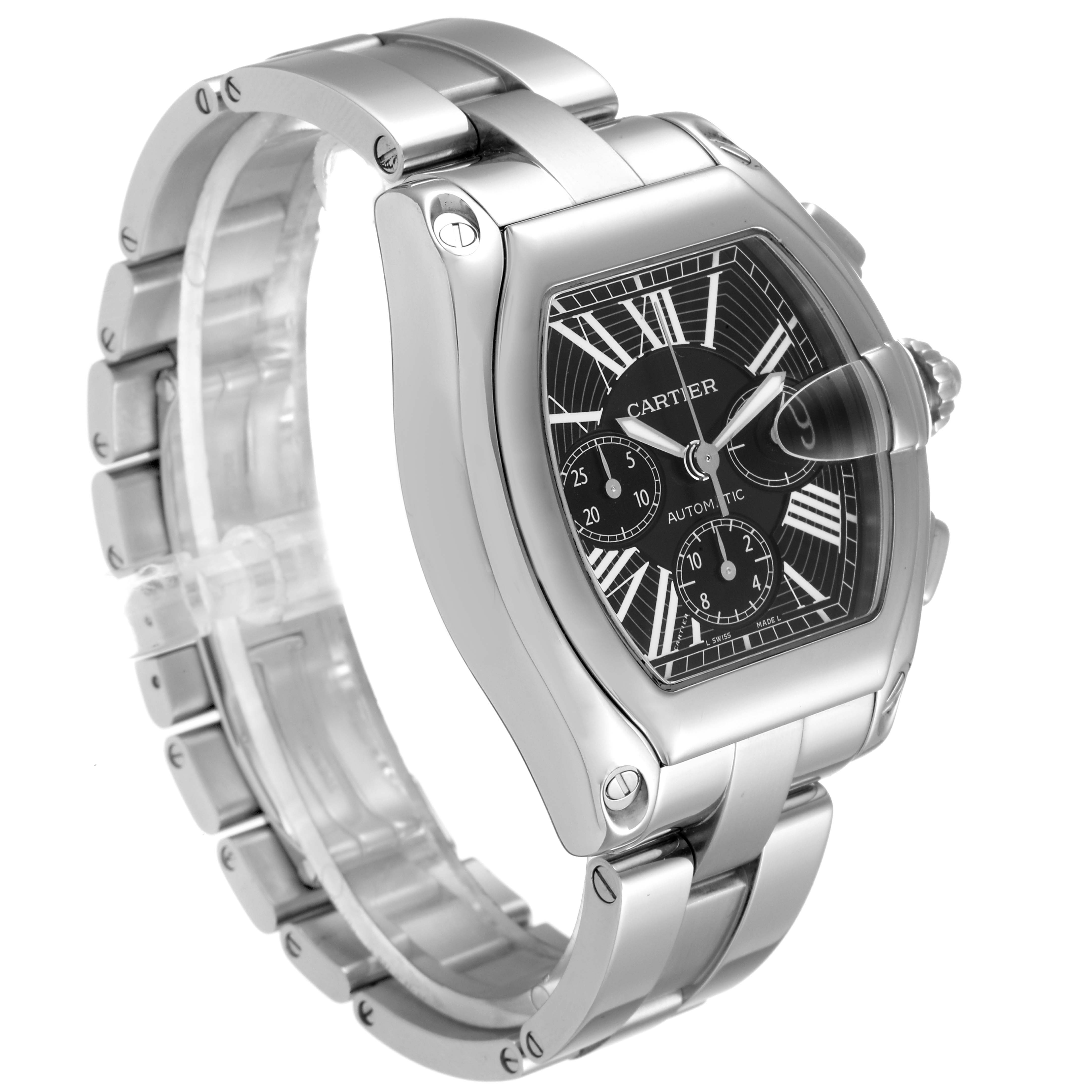 This image shows a side-angle view of a Cartier Roadster W62020X6 Men
s Stainless Steel Black Dial W62020X6 Men
s Stainless Steel Black Dial watch, highlighting its face, bezel, and metal strap.
