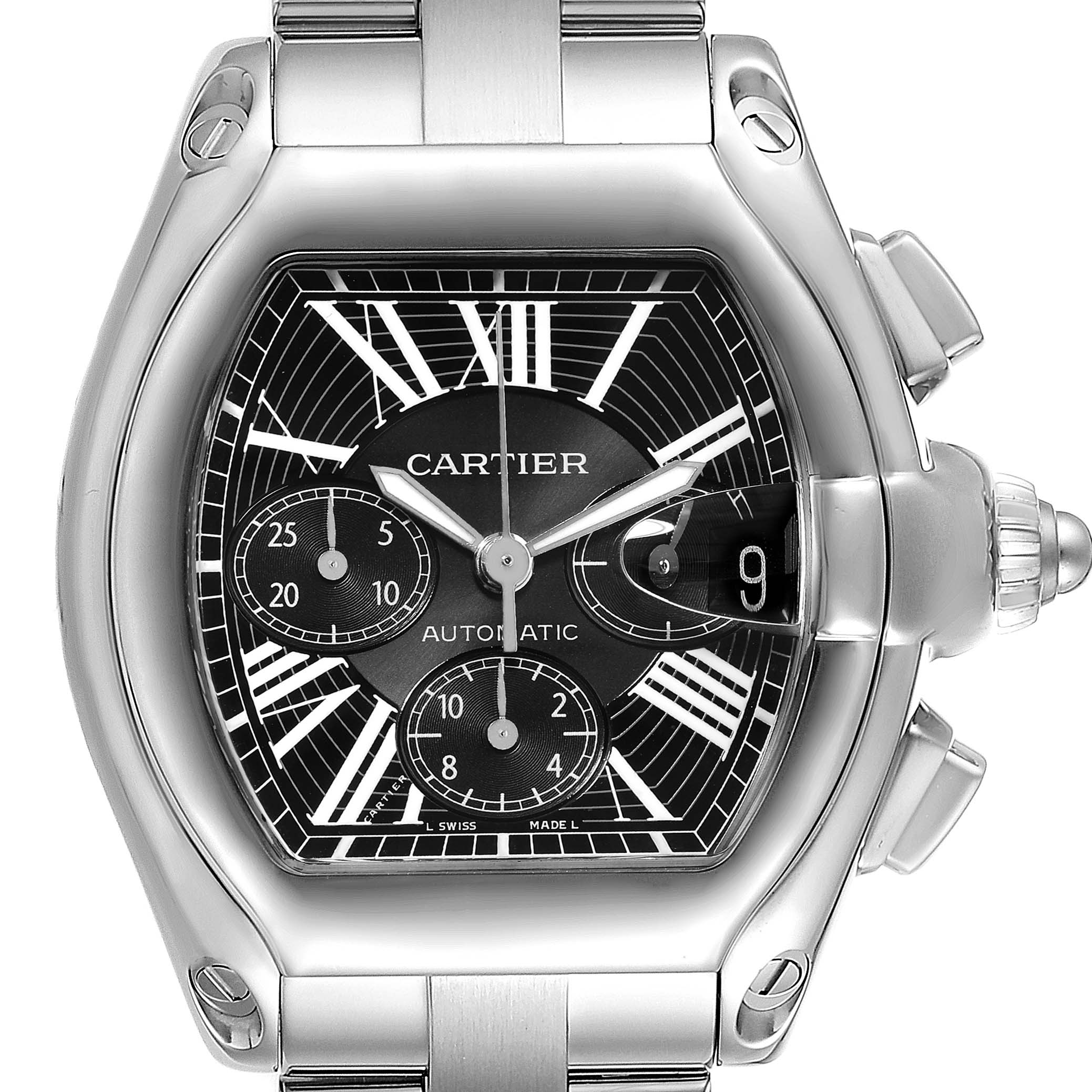 Front view of the Cartier Roadster W62020X6 Men
s Stainless Steel Black Dial W62020X6 Men
s Stainless Steel Black Dial watch showing the face, bezel, crown, and part of the bracelet.