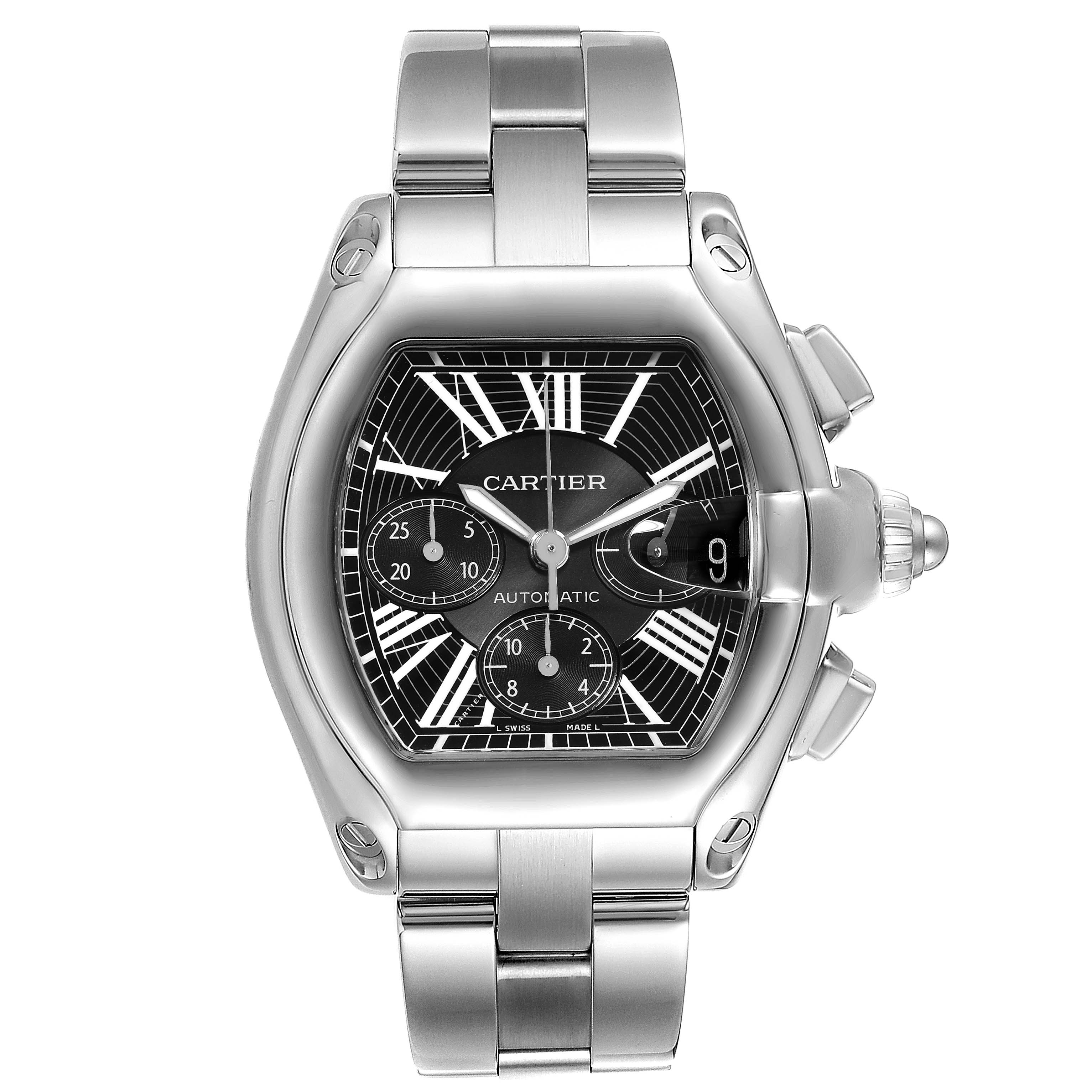 The Cartier Roadster W62020X6 Men
s Stainless Steel Black Dial W62020X6 Men
s Stainless Steel Black Dial watch is shown from a front angle, displaying its face, bezel, bracelet, and side crown.