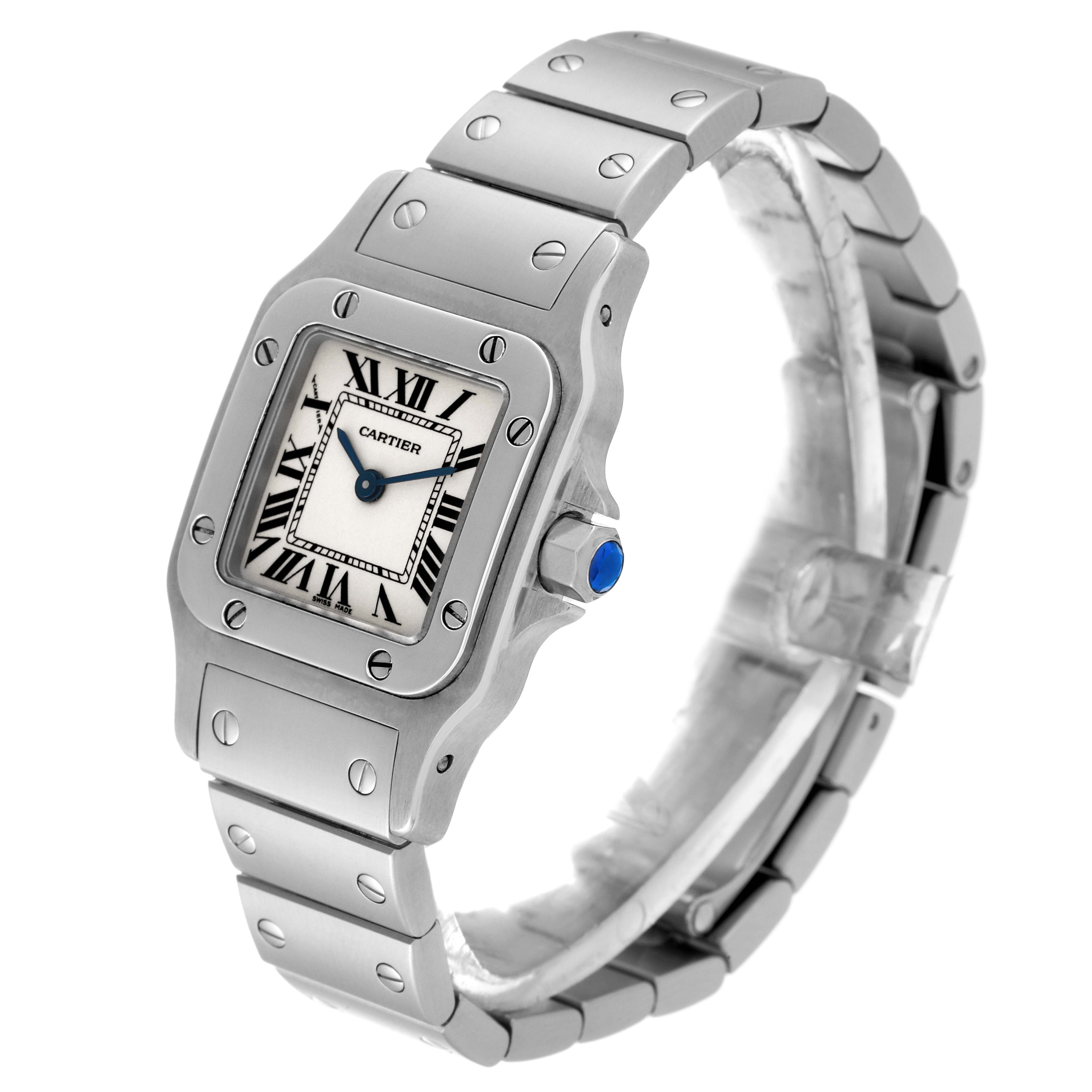 This image shows a three-quarter view of the Cartier Santos W20056D6 Women's Stainless Steel Silver Dial W20056D6 Women's Stainless Steel Silver Dial watch, highlighting its face, bezel, and bracelet.