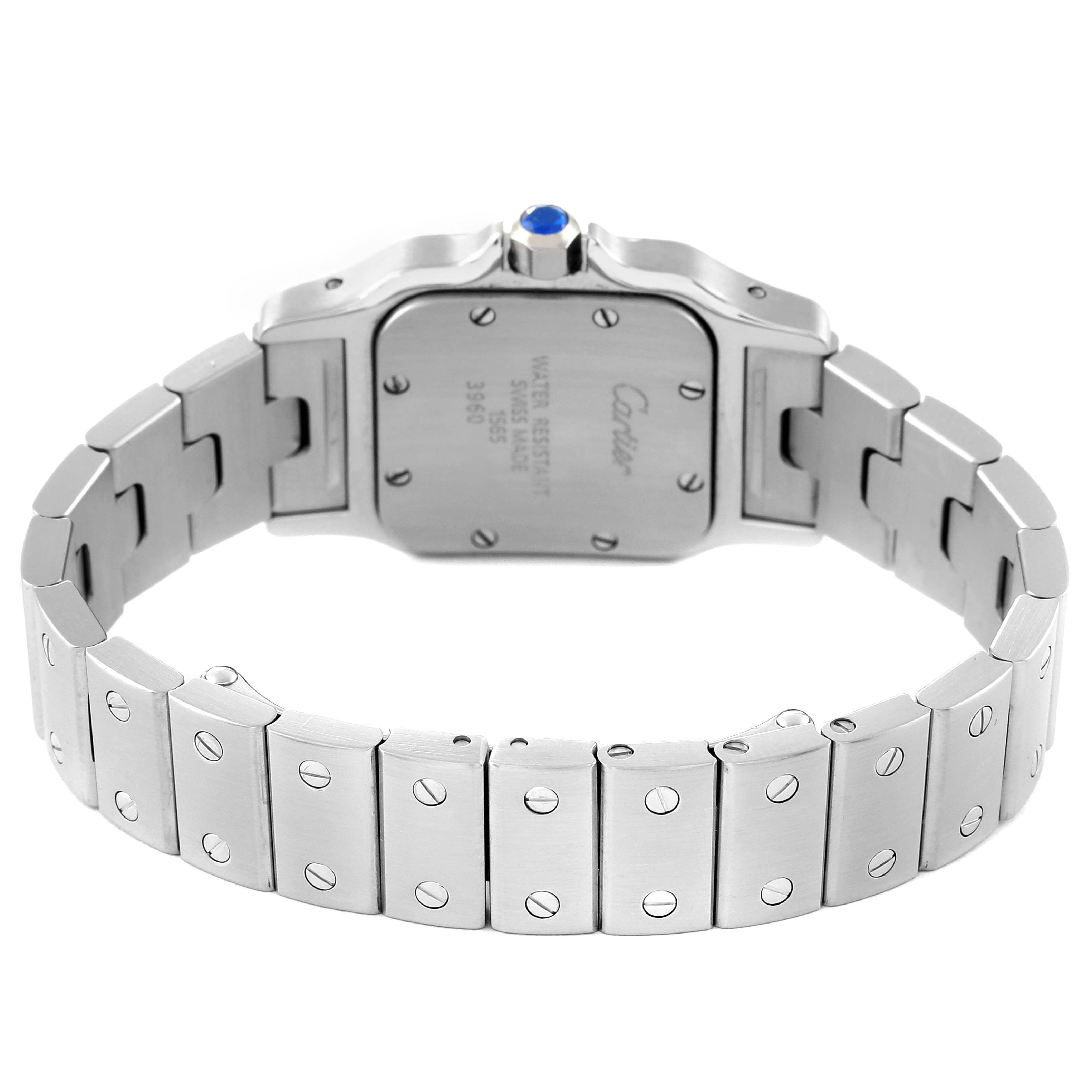 The image shows the back view of a Cartier Santos W20056D6 Women's Stainless Steel Silver Dial W20056D6 Women's Stainless Steel Silver Dial watch, highlighting its stainless steel case, bracelet, and blue crown.