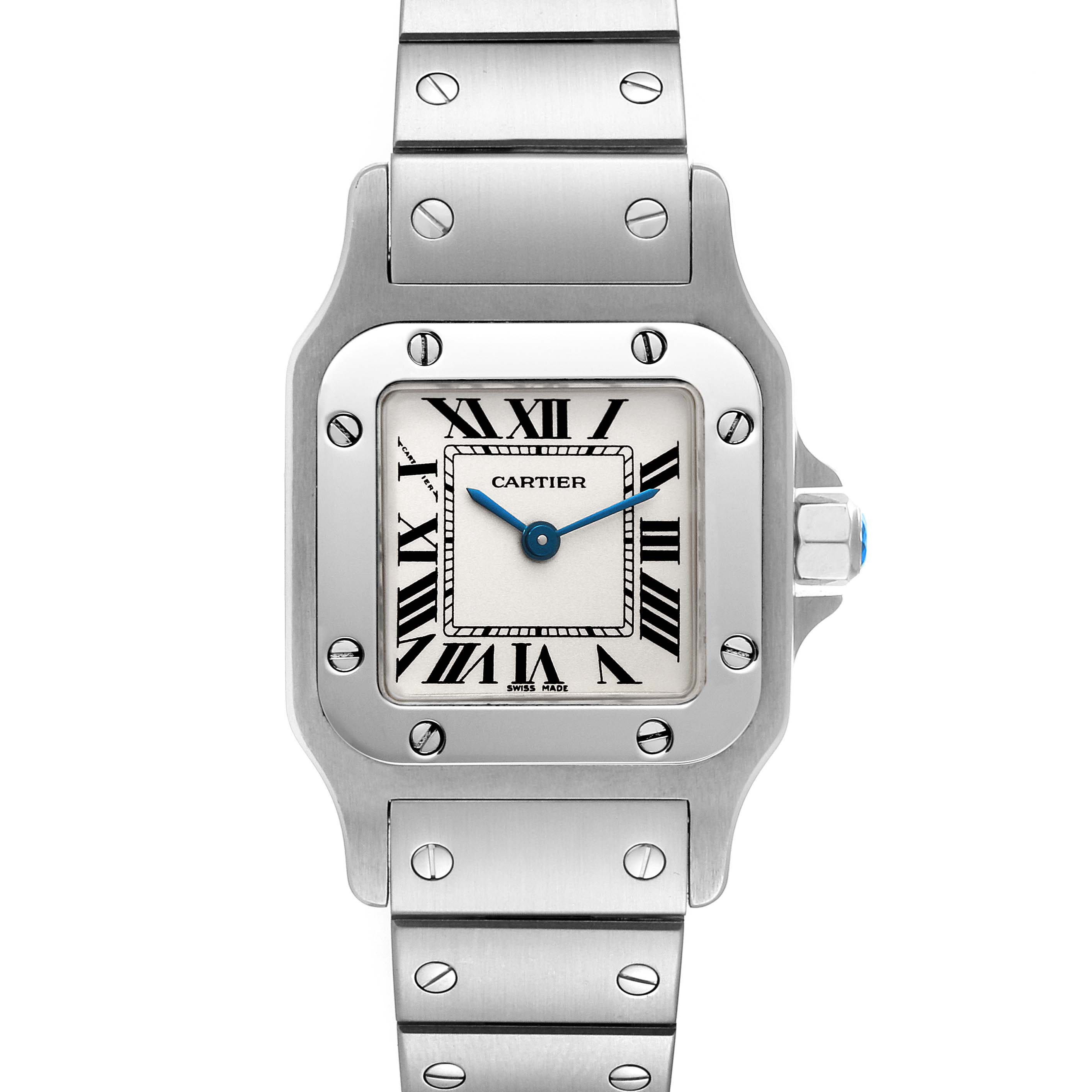 This image shows a frontal view of the Cartier Santos W20056D6 Women's Stainless Steel Silver Dial W20056D6 Women's Stainless Steel Silver Dial watch, highlighting the face, bezel, and part of the bracelet.