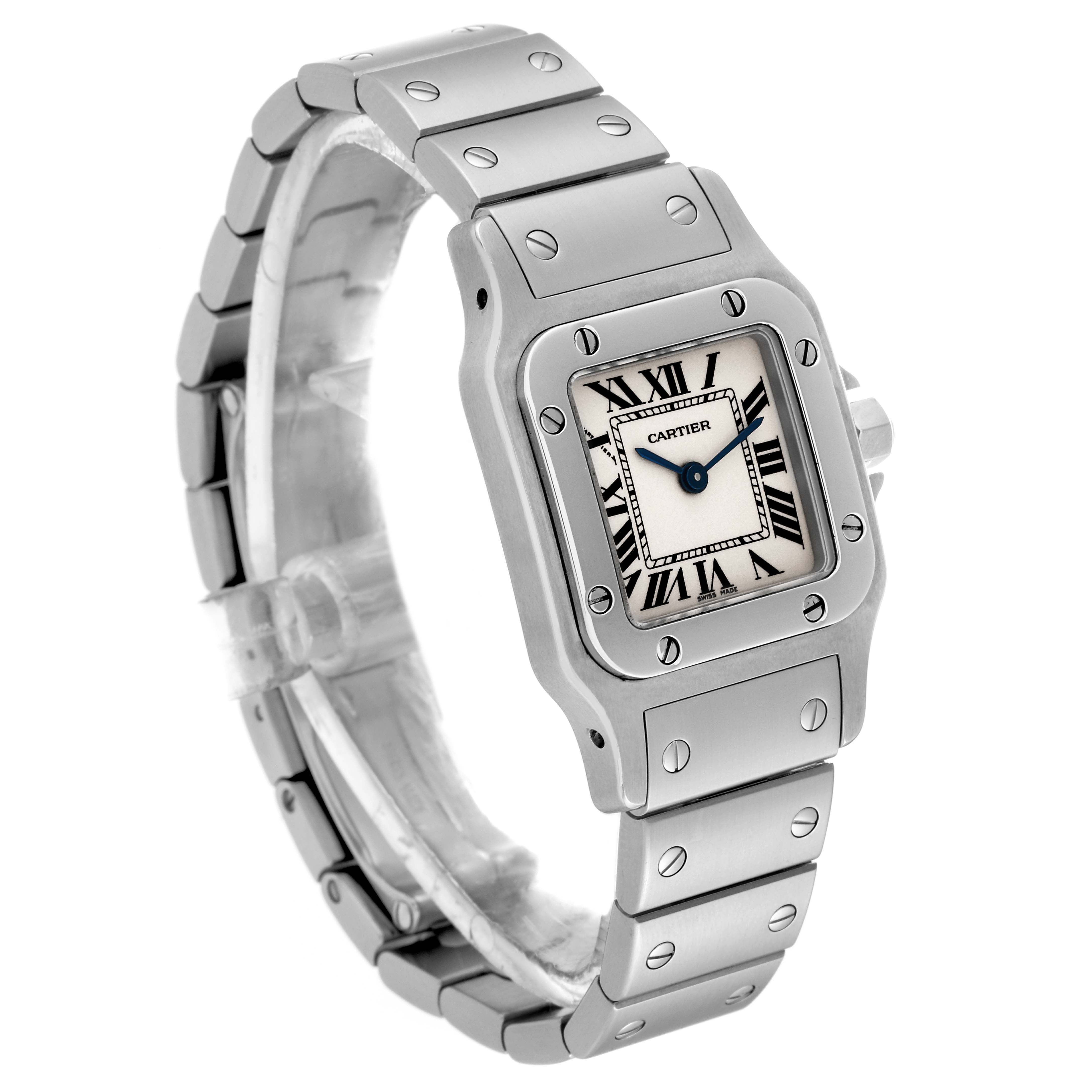 The image shows a side angle view of the Cartier Santos W20056D6 Women's Stainless Steel Silver Dial W20056D6 Women's Stainless Steel Silver Dial watch, highlighting its square face, bracelet, and screws.