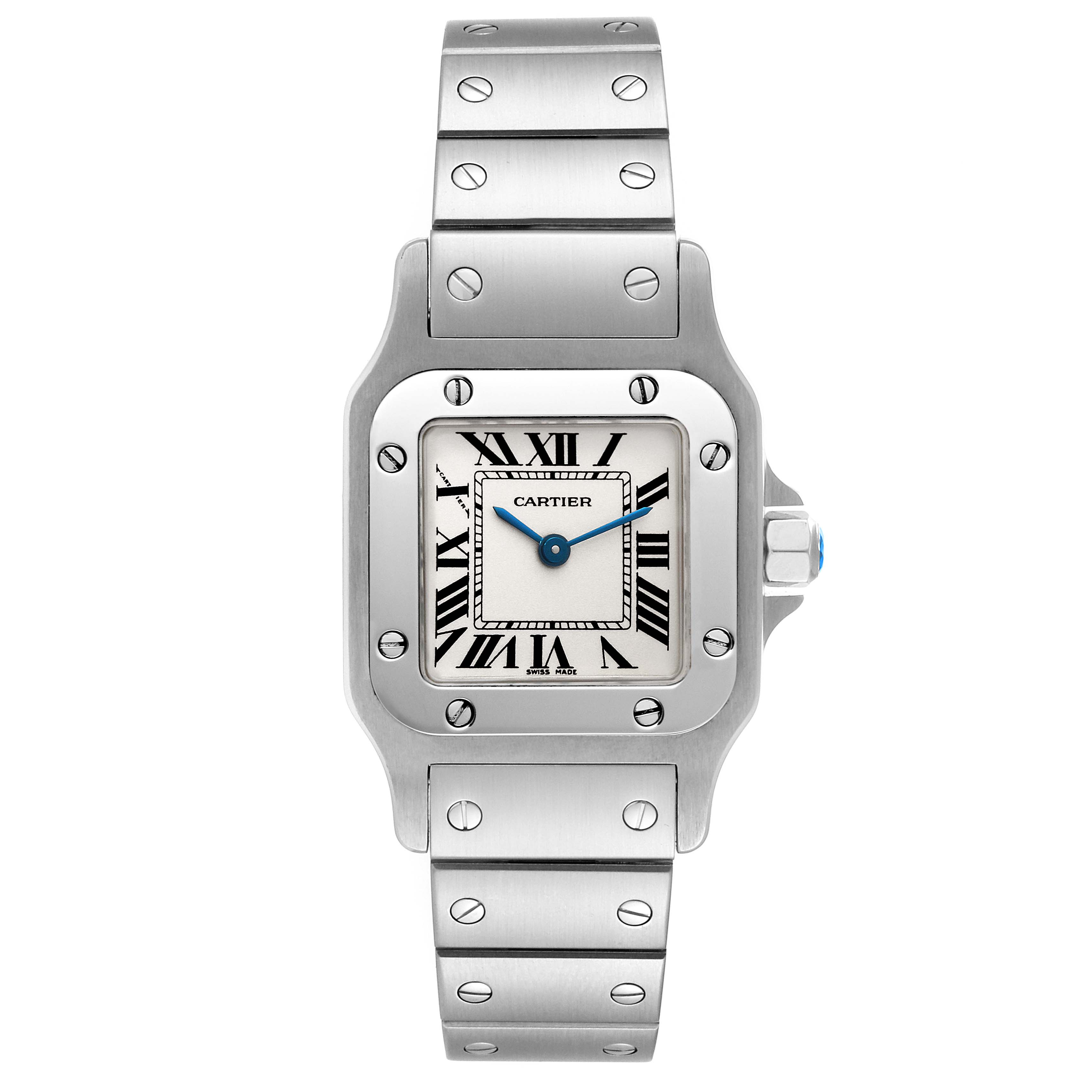 This Cartier Santos W20056D6 Women's Stainless Steel Silver Dial W20056D6 Women's Stainless Steel Silver Dial watch is shown from the front, displaying its face, bezel, and part of the bracelet.