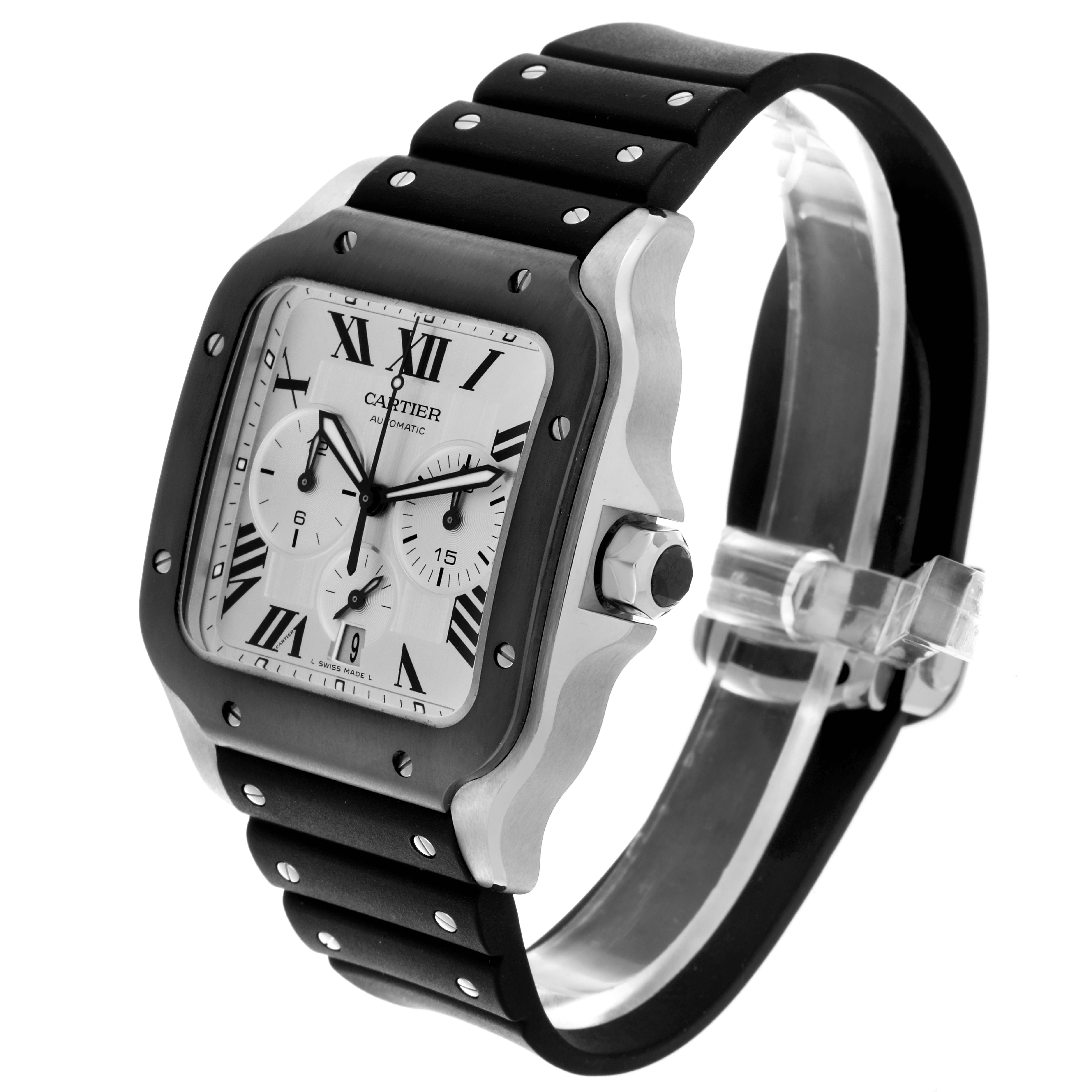 The Cartier Santos WSSA0017 Men's Stainless Steel Silver Dial WSSA0017 Men's Stainless Steel Silver Dial watch is shown from a front-side angle, displaying the face, case, bezel, and strap.
